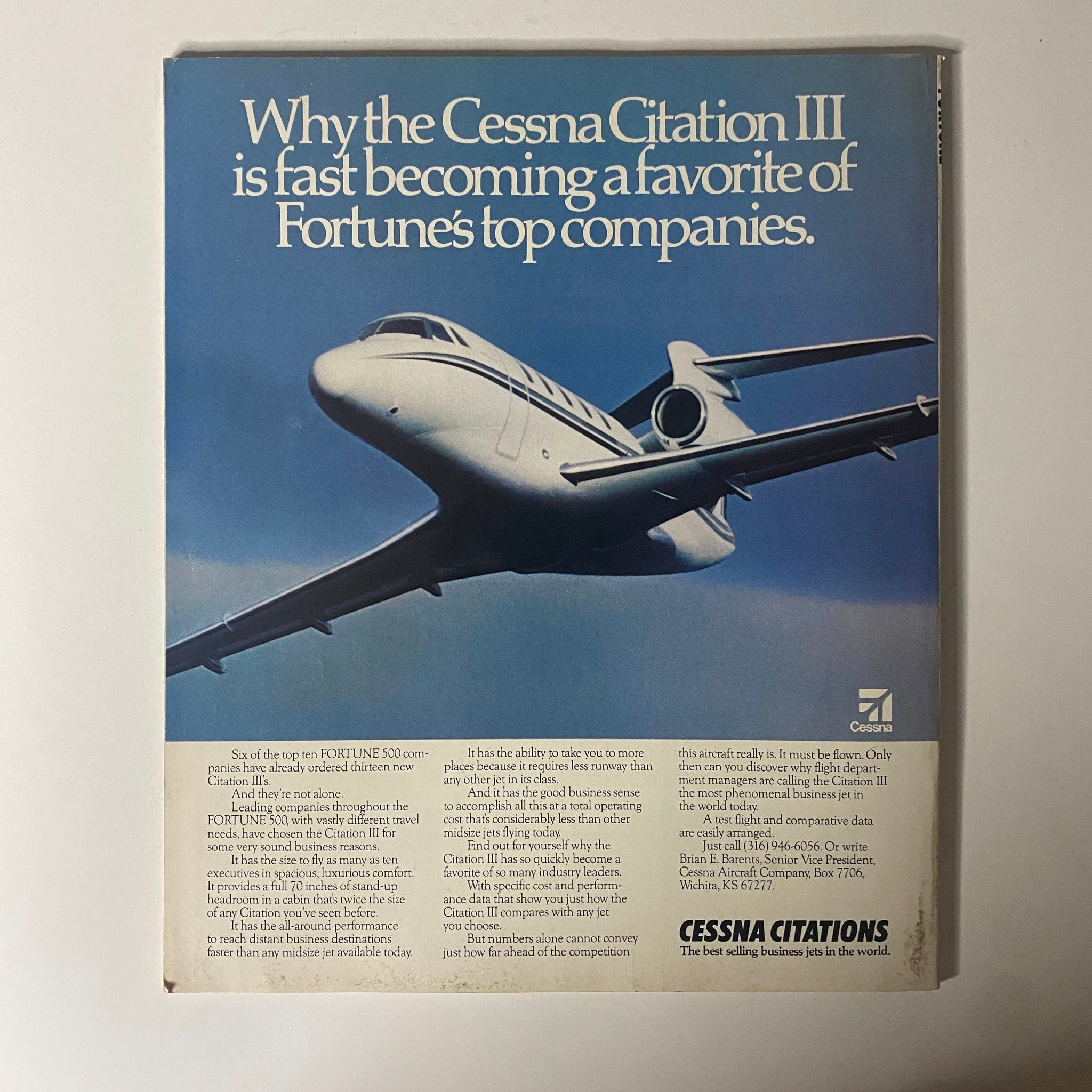 Fortune Magazine March 3, 1986 cover featuring the Cessna Citation III, highlighting its popularity among Fortune 500 companies and its luxurious comfort for business travel.