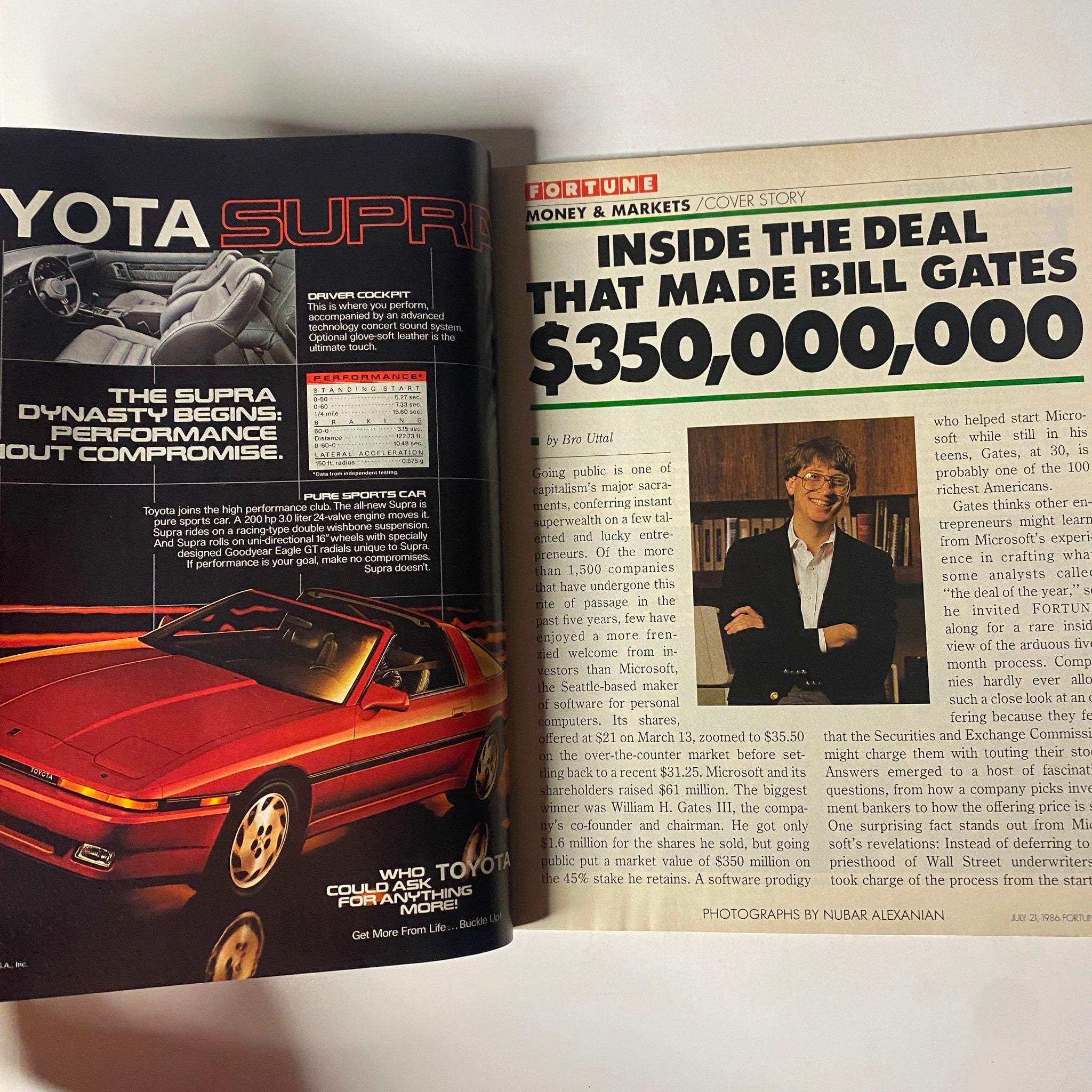 Fortune Magazine July 21, 1986, featuring an article titled 'Inside the Deal That Made Bill Gates $350,000,000' alongside a Toyota Supra advertisement, highlighting significant events in tech history.