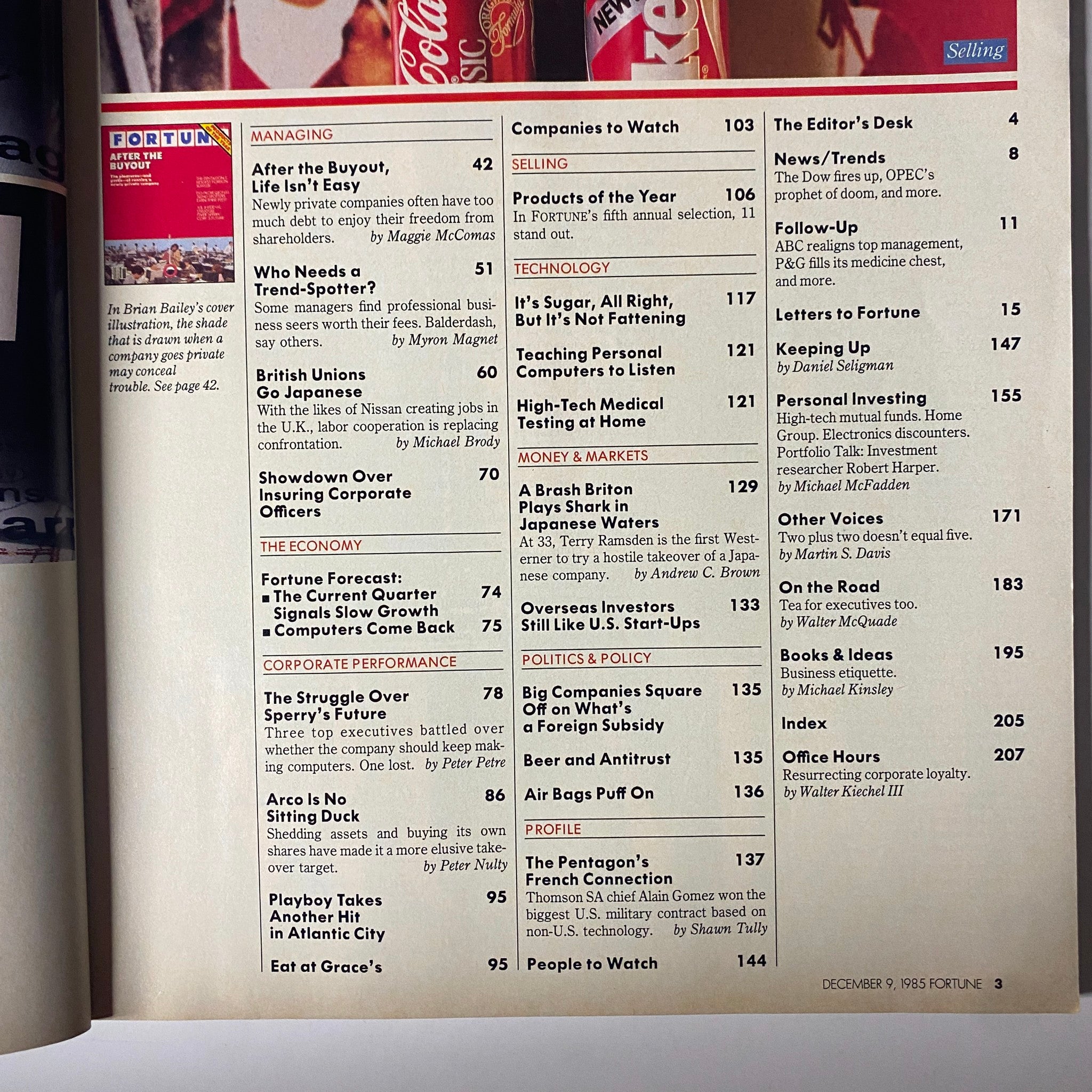 Table of contents from Fortune Magazine December 9, 1985 featuring articles on corporate management, economic forecasts, and company profiles.