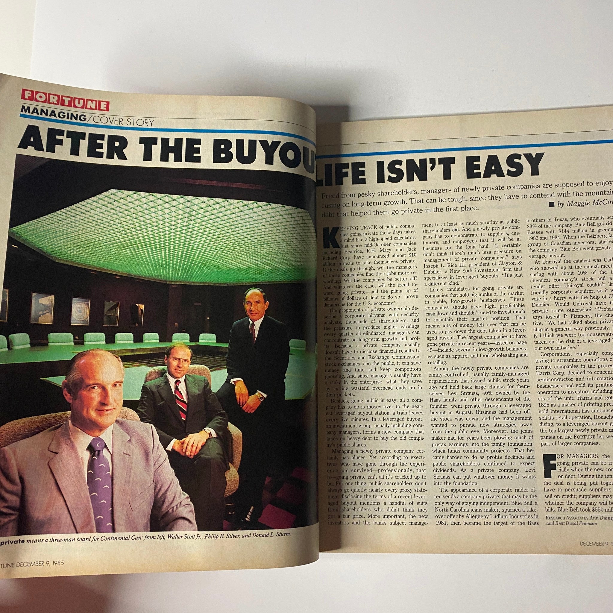 Cover story of Fortune Magazine December 9, 1985 titled 'After the Buyout: Life Isn't Easy,' depicting executives in a boardroom emphasizing the challenges of managing private companies after buyouts.