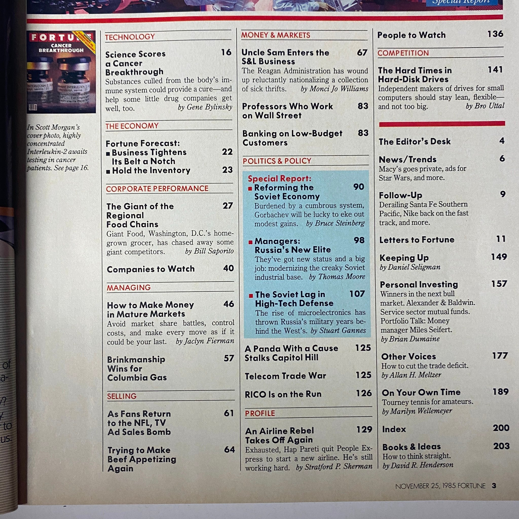 Table of contents from Fortune Magazine, November 25, 1985, showcasing sections on technology, economy, and corporate performance.