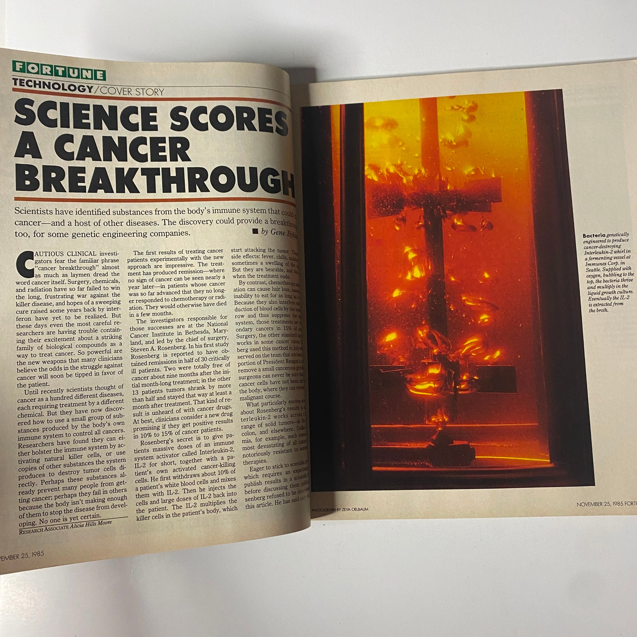 Feature article in Fortune Magazine from November 25, 1985 titled 'Science Scores a Cancer Breakthrough' discussing innovative cancer treatments and research.