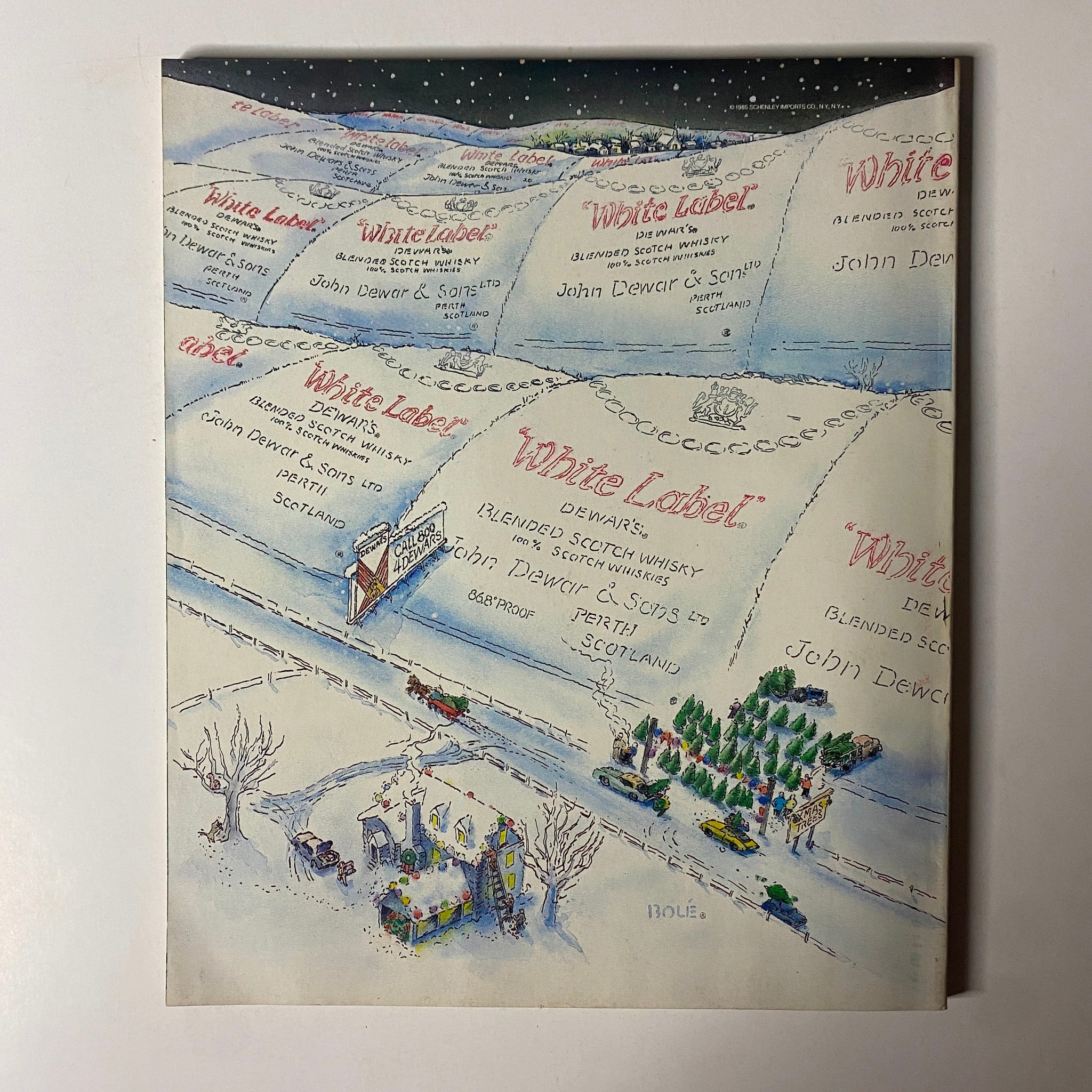 Illustrated advertisement for John Dewar & Sons' White Label Scotch whisky from the back cover of Fortune Magazine, November 25, 1985.