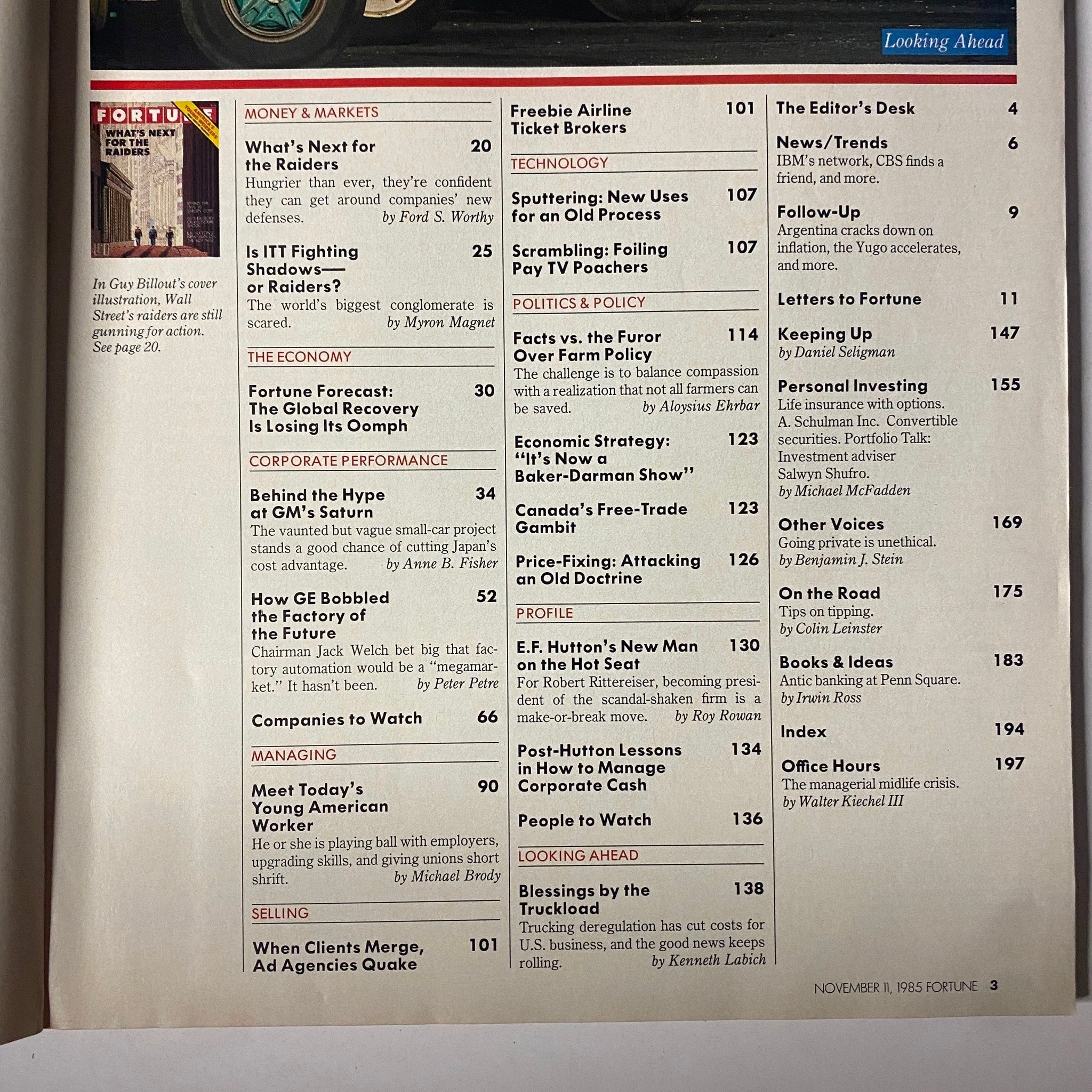 Contents page of Fortune Magazine, November 11, 1985, listing articles including 'What's Next for The Raiders' and 'Fortune Forecast: The Global Recovery Is Losing Its Oomph'.