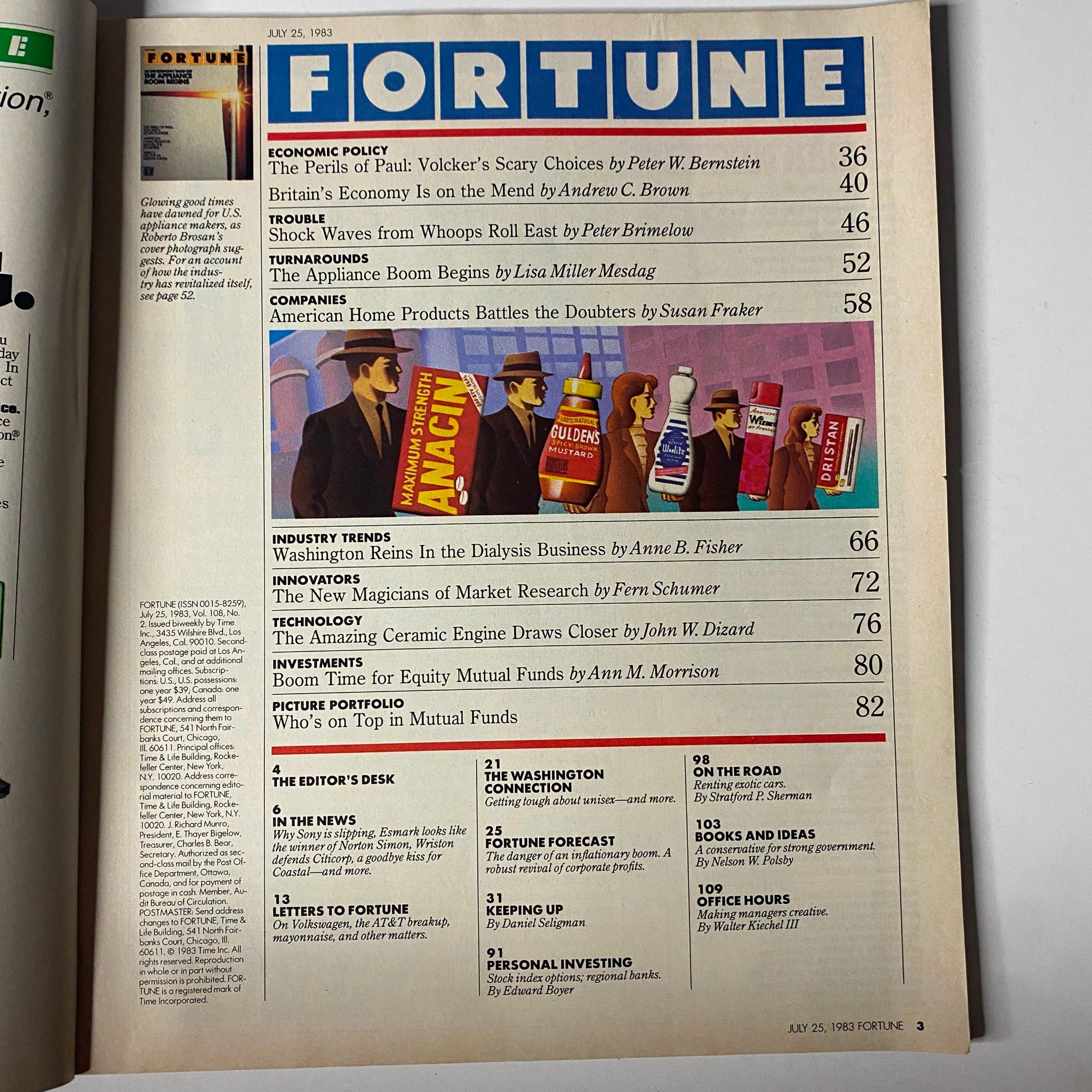 Fortune Magazine July 25, 1983 table of contents showcasing articles like 'The Perils of Paul Volcker's Scary Choices' and 'The Appliance Boom Begins'.