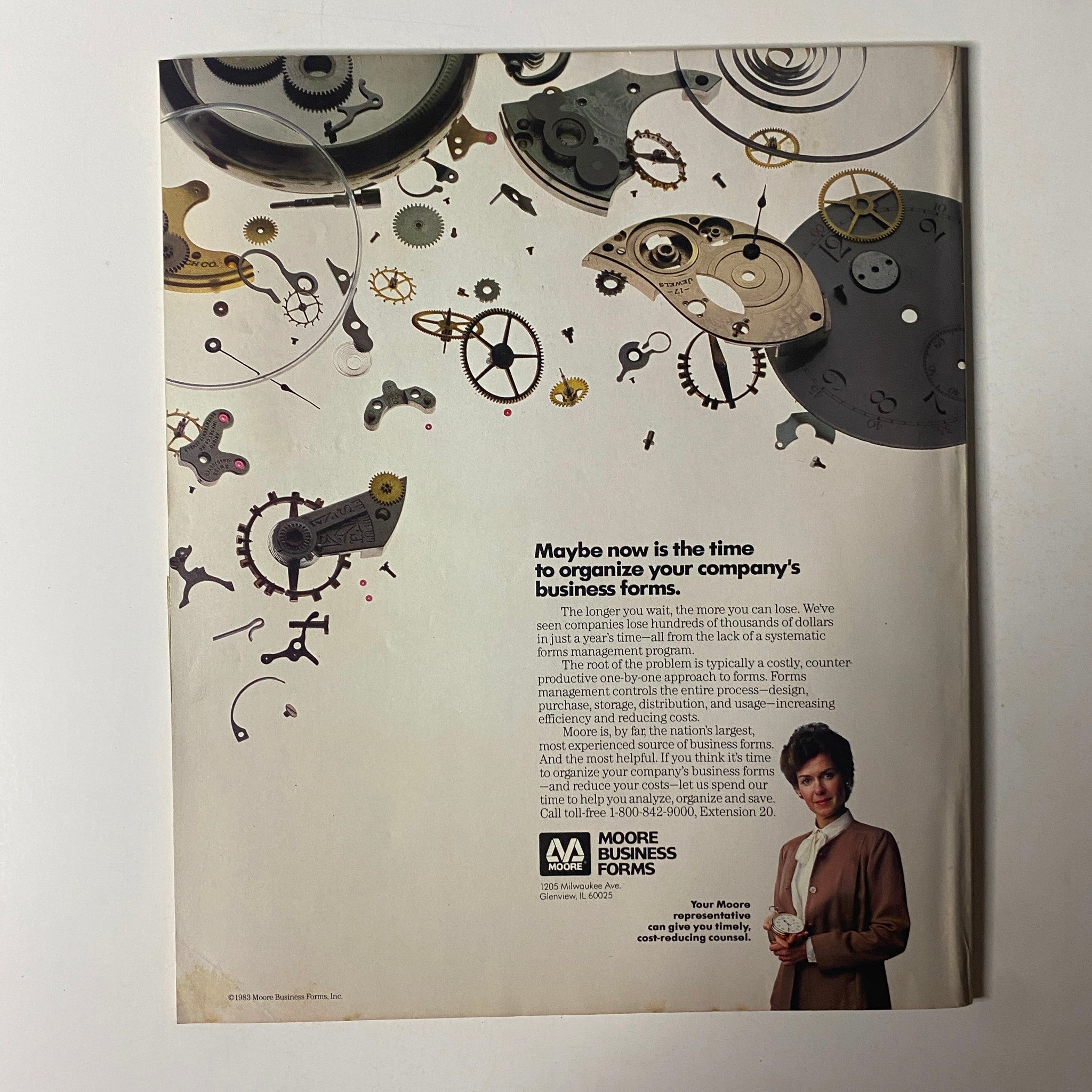 Fortune Magazine July 25, 1983 advertisement for Moore Business Forms, showcasing gears and mechanisms to emphasize organization and efficiency in business operations.