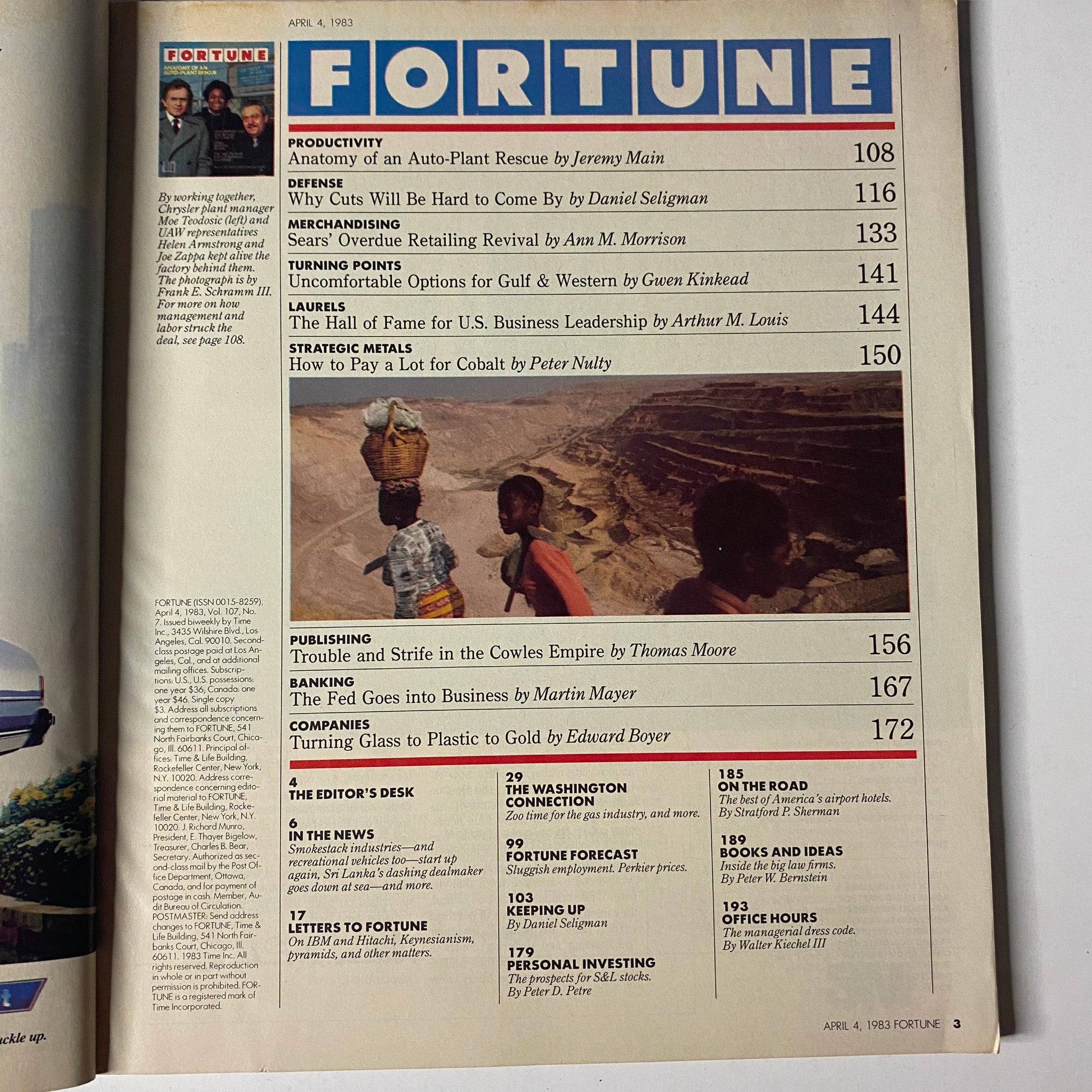 Fortune Magazine cover from April 4, 1983, featuring articles on automotive revival, retail strategies, and major business insights. Highlights include contributions from Moe Teodosic, Helen Armstrong, and Joe Zappa.