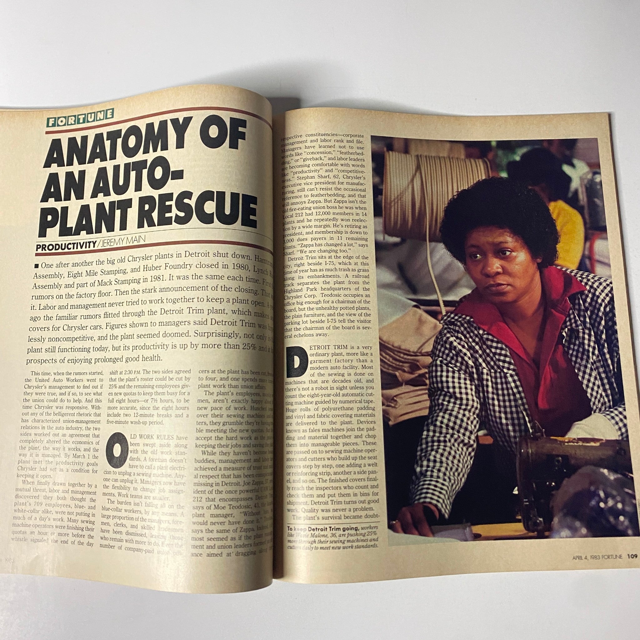 Inside page of Fortune Magazine, April 4, 1983, showcasing the article 'Anatomy of an Auto-Plant Rescue' by Jeremy Main, focusing on labor and management cooperation in auto manufacturing.