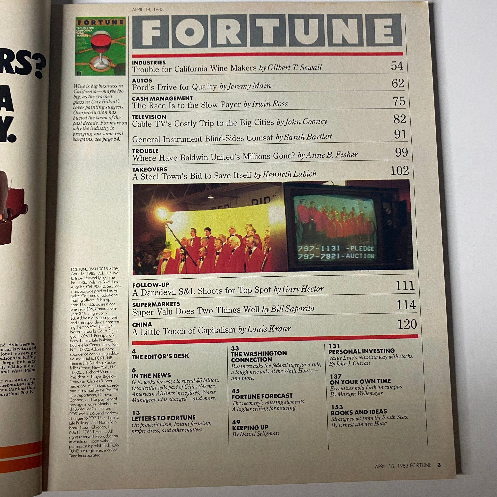 Table of contents from Fortune Magazine April 18, 1983, listing articles including 'Trouble for California Wine Makers' and insights into Ford's quality initiatives.