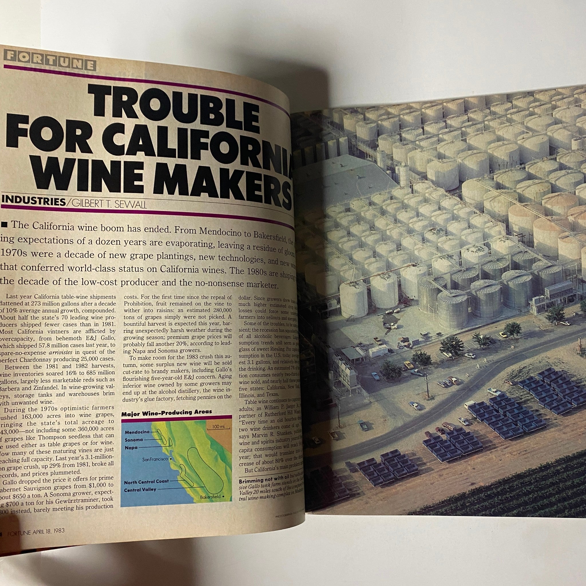 Article spread from Fortune Magazine April 18, 1983, titled 'Trouble for California Wine Makers,' examining the decline of the California wine boom and its economic implications.