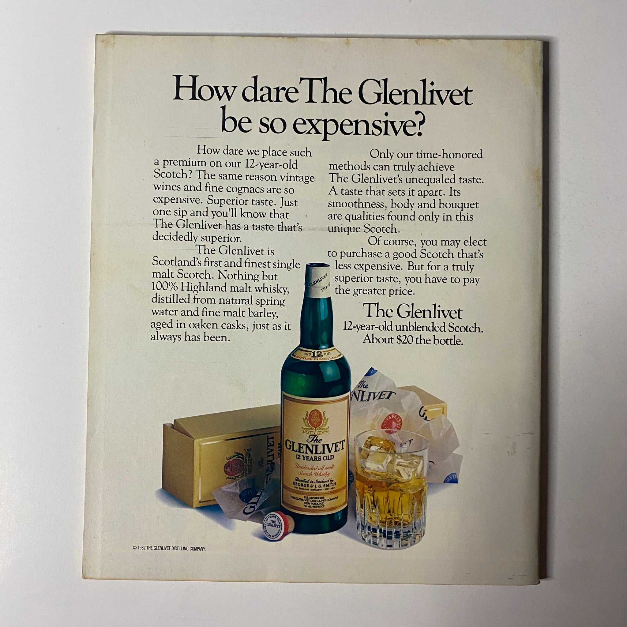 Back cover of Fortune Magazine April 18, 1983, featuring an advertisement for The Glenlivet Scotch, discussing the value of premium spirits in relation to the issue's theme on market challenges.