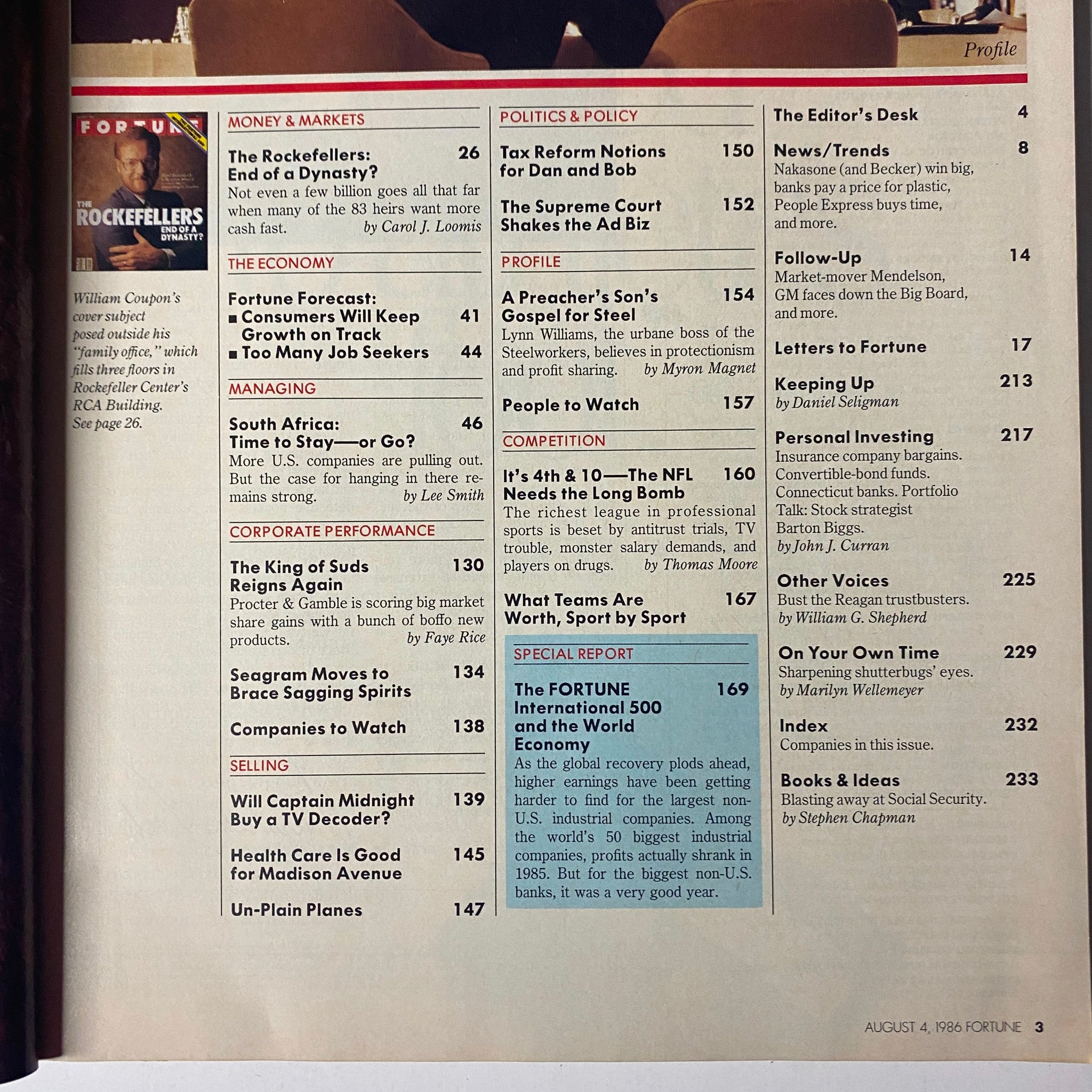 Contents page of Fortune Magazine from August 4, 1986, highlighting the feature article on the Rockefeller family along with various economic and financial topics.