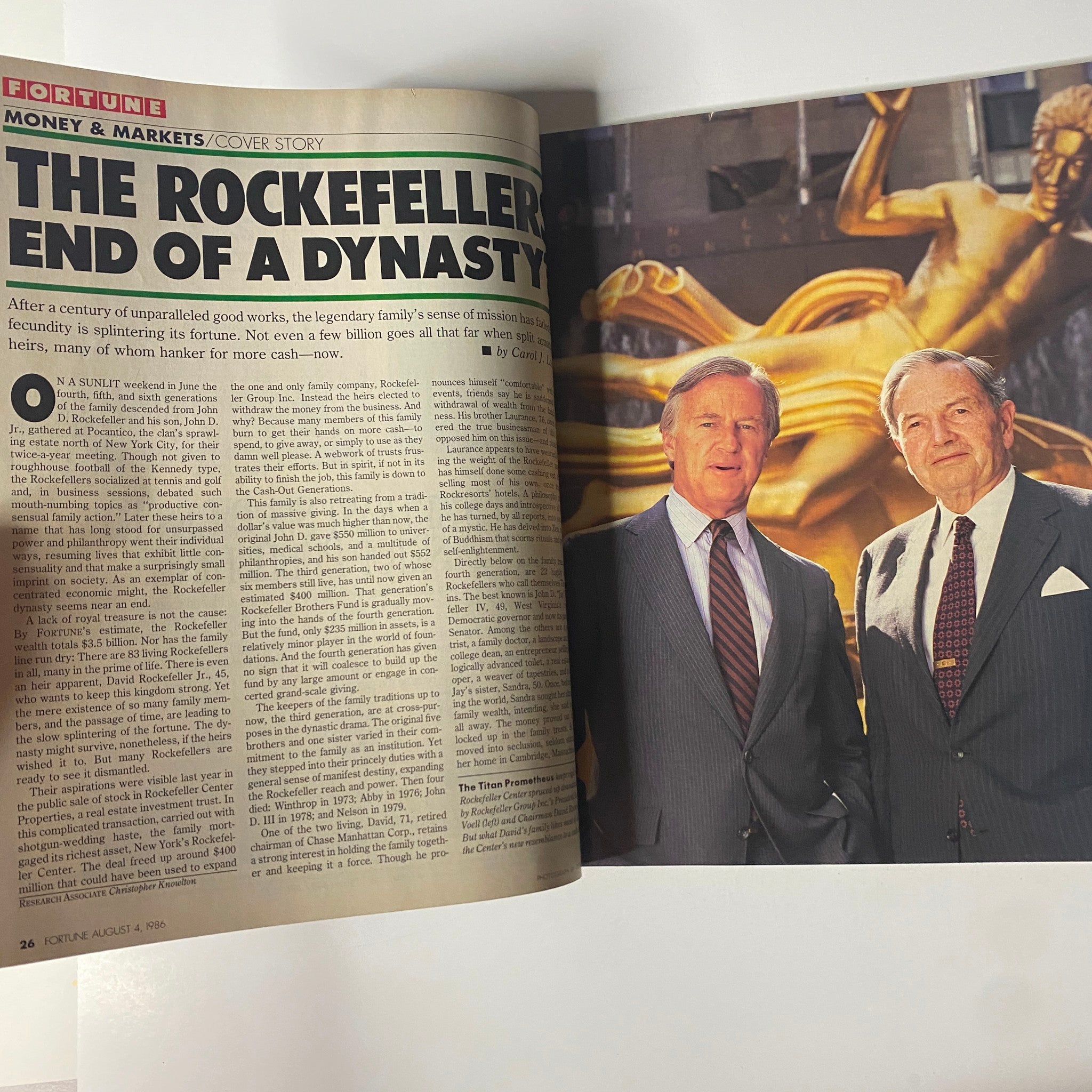 Inside page of Fortune Magazine, August 4, 1986, showcasing the cover story on the Rockefeller family titled 'The Rockefellers: End of a Dynasty?', featuring men in suits.