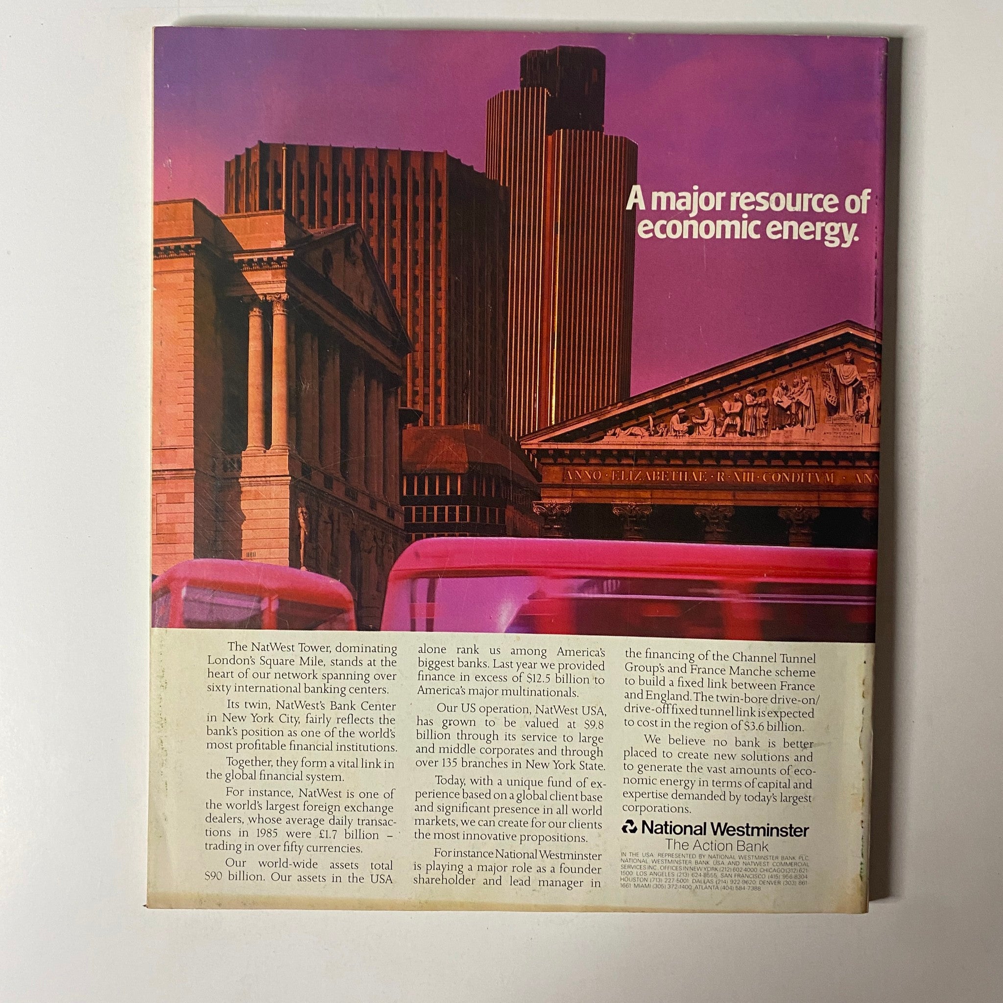 Back cover of Fortune Magazine from August 4, 1986, displaying a vibrant image of the NatWest Tower and other London buildings with the text 'A major resource of economic energy'.