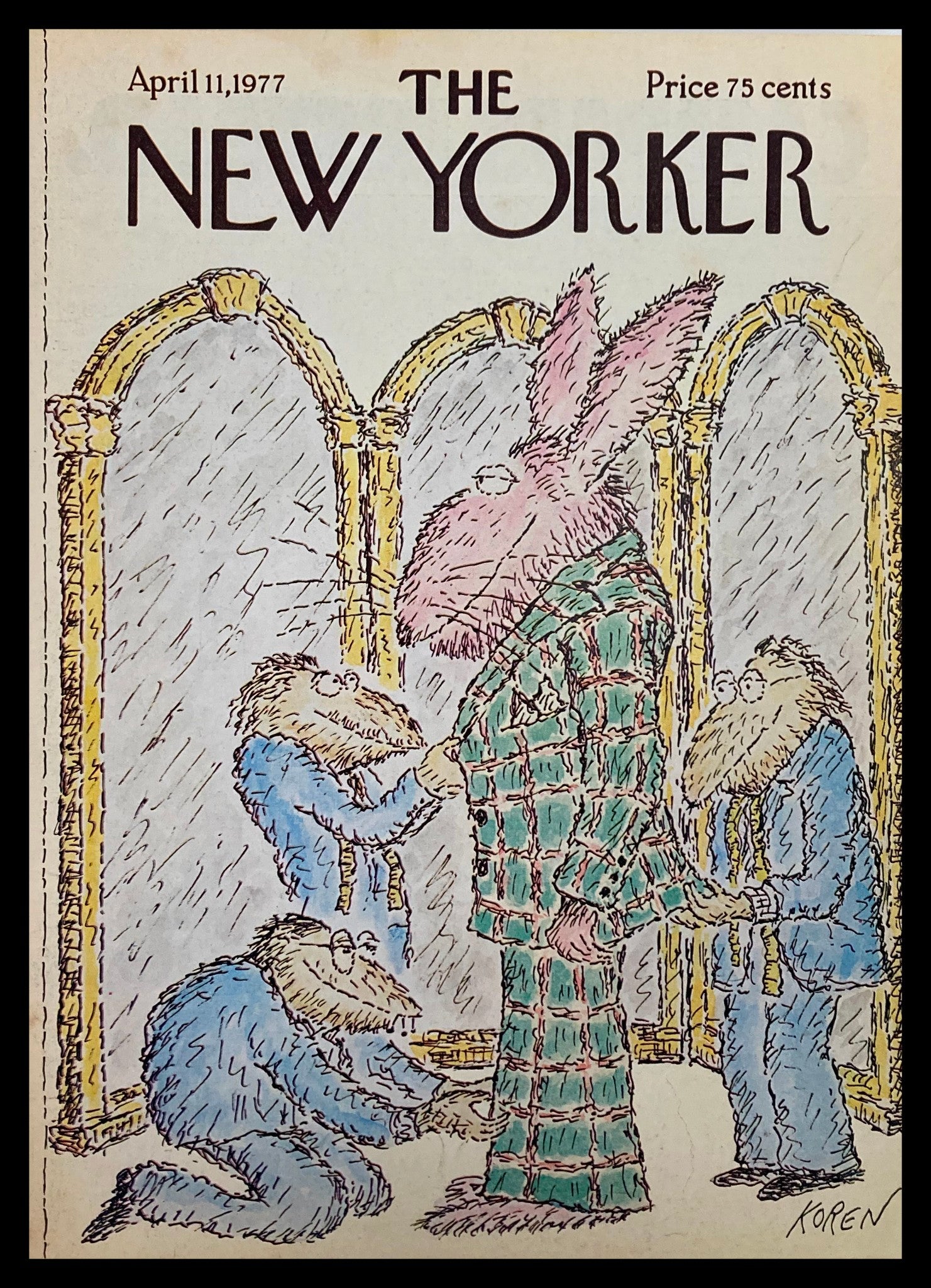 COVER ONLY The New Yorker April 11 1977 Fittings by Edward Koren No Label