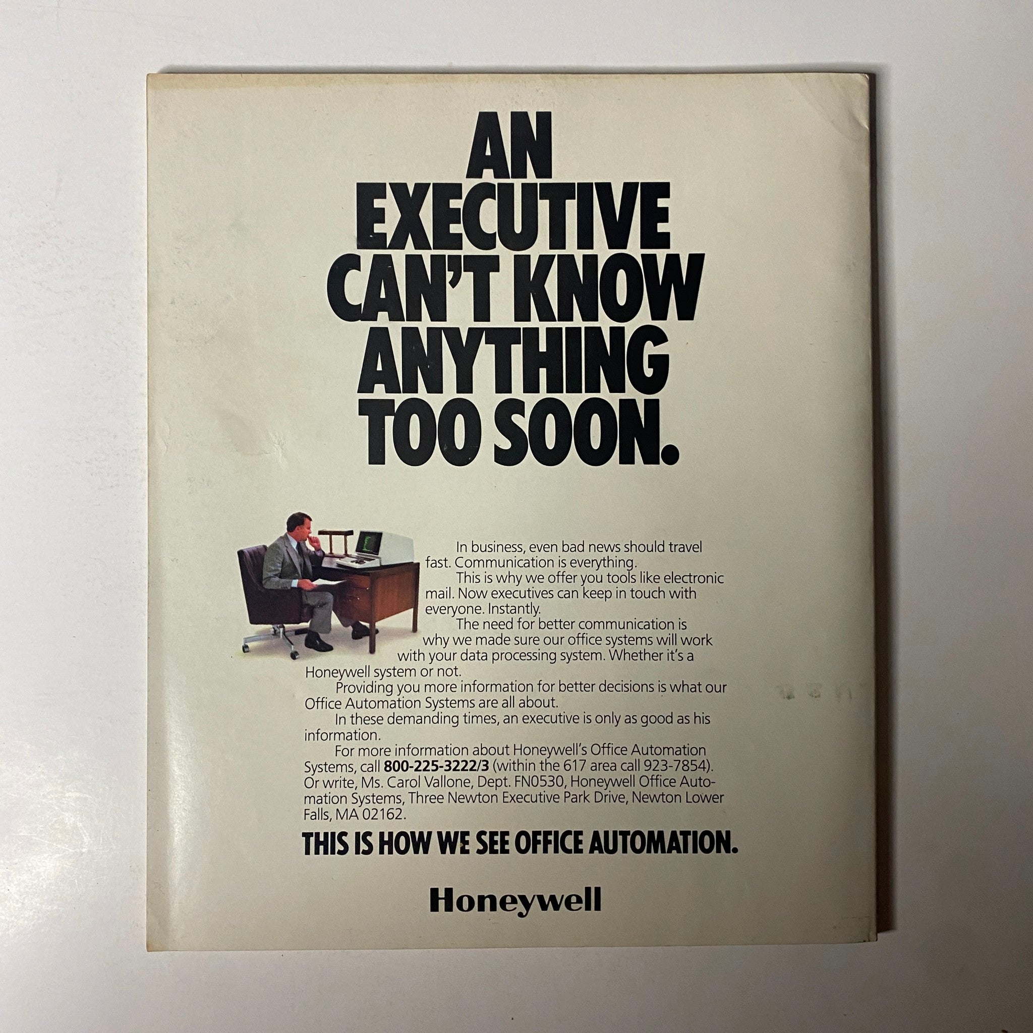 Back cover of Fortune Magazine May 30, 1983, featuring a Honeywell advertisement titled 'An Executive Can’t Know Anything Too Soon' promoting office automation.