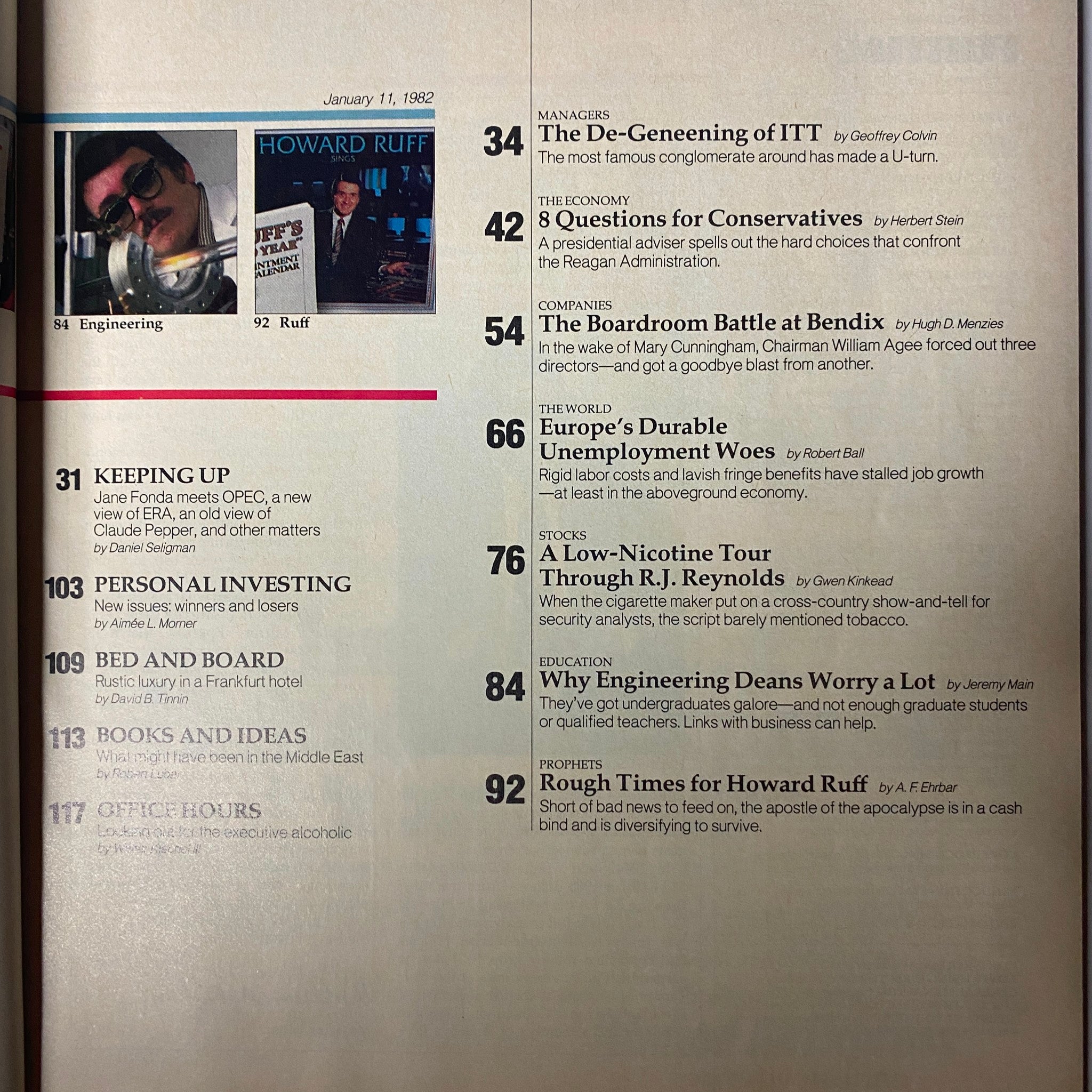 Another inside page of Fortune Magazine dated January 11, 1982, presenting articles about economic conditions, corporate strategies, and major events affecting business at the time.