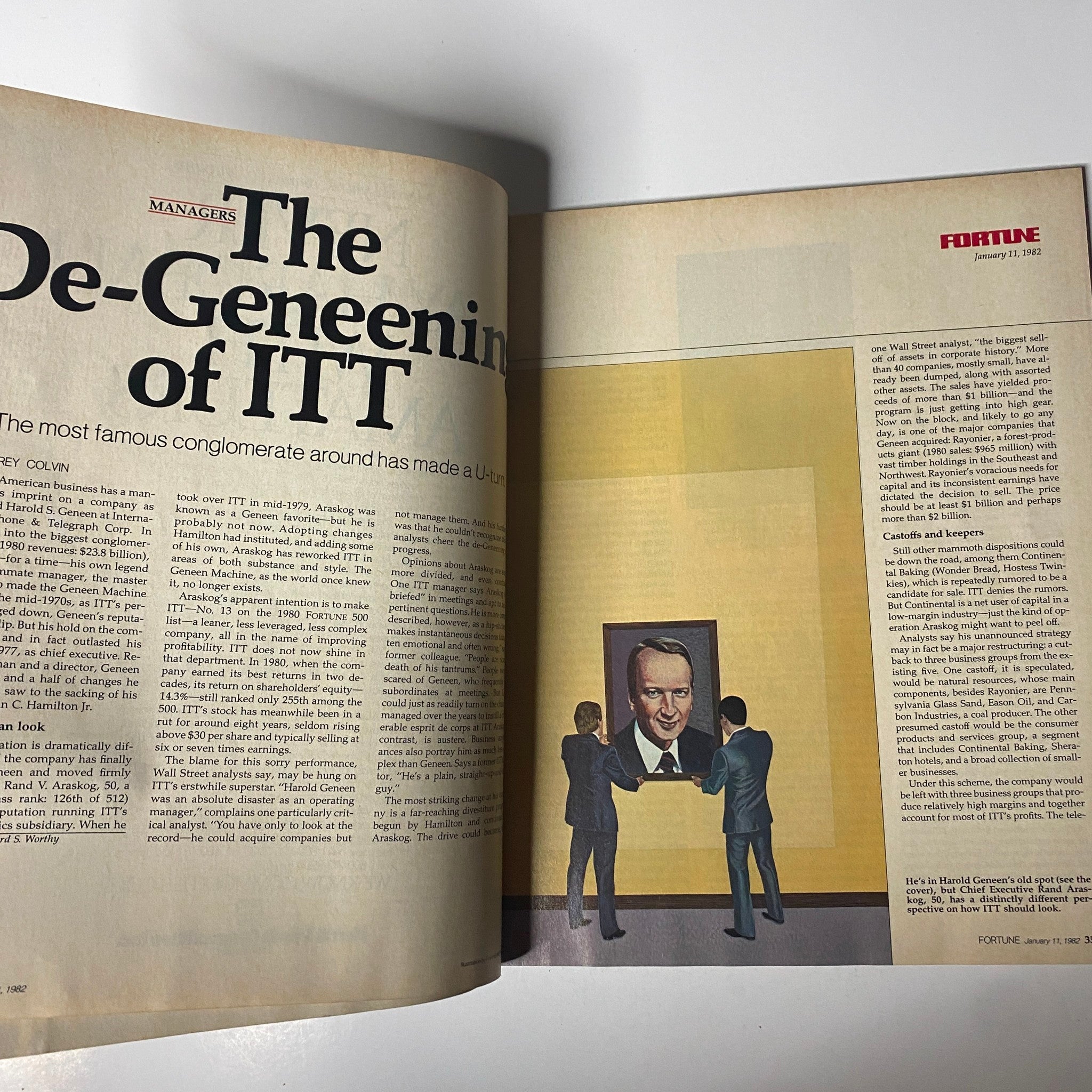 Fortune Magazine January 11, 1982 featuring an article titled 'The De-Geneening of ITT', highlighting corporate leadership and management changes at ITT Corporation.