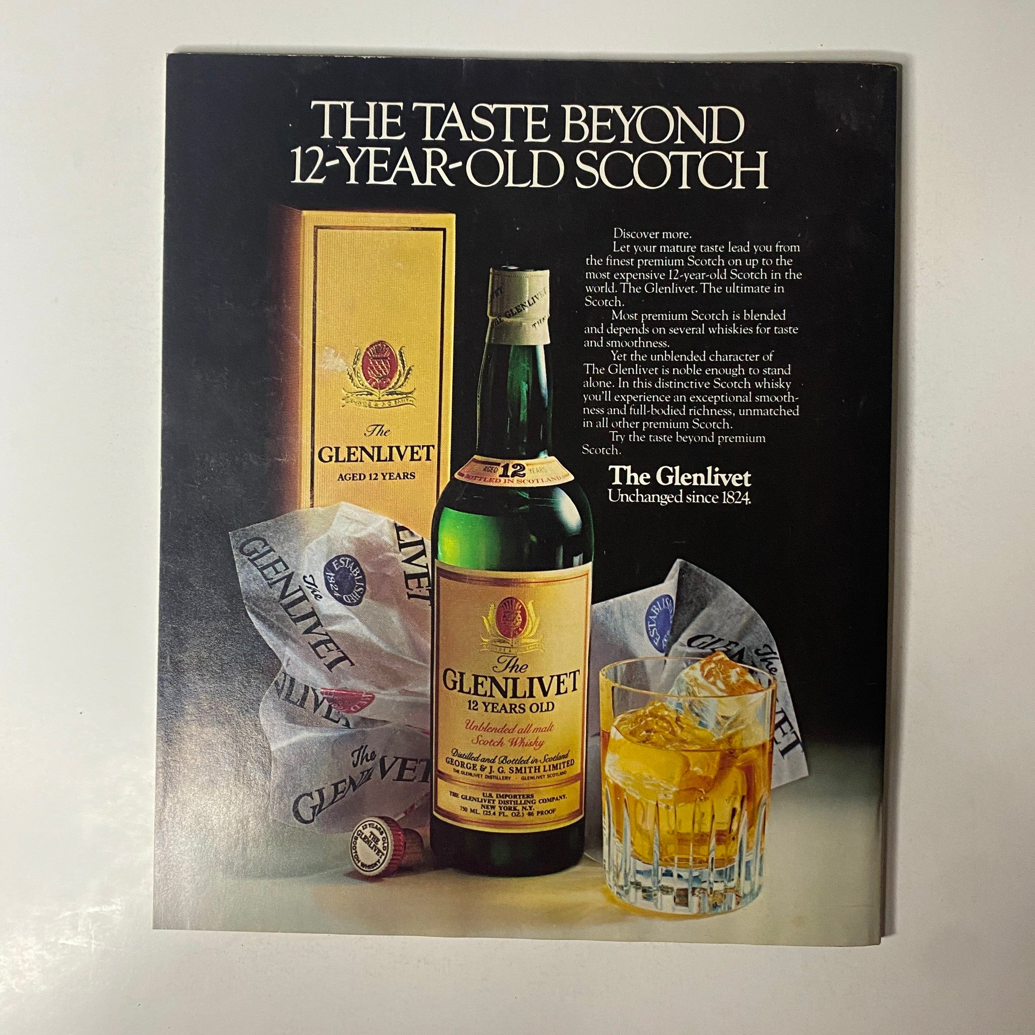 Fortune Magazine January 11, 1982 advertisement for The Glenlivet 12-Year-Old Scotch, showcasing the premium whisky with a bottle and glass of scotch.