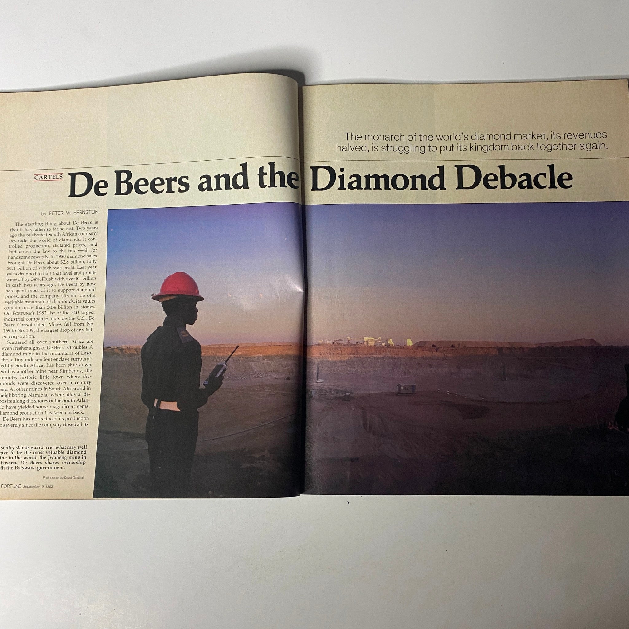 De Beers and the Diamond Debacle article spread from Fortune Magazine September 6, 1982, featuring insights into the diamond market's challenges and De Beers's corporate strategies.