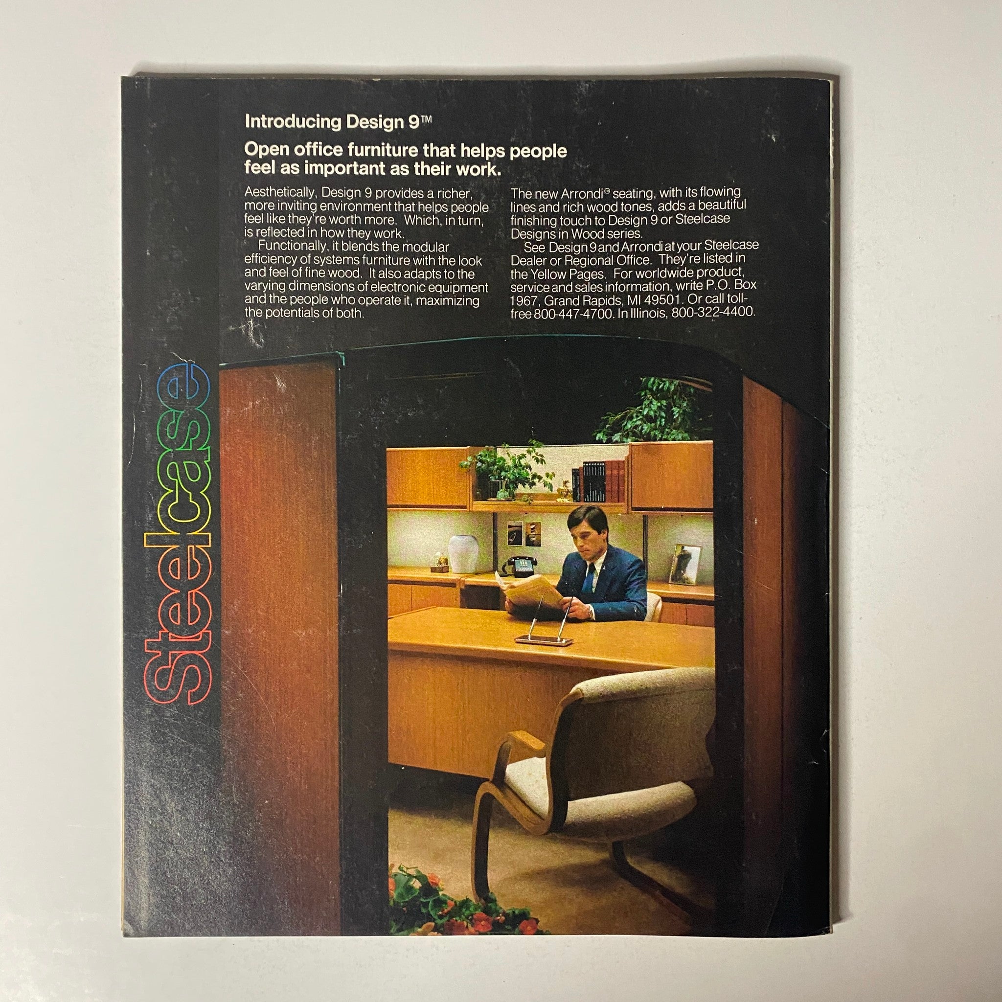 Introducing Design 9 magazine spread from Steelcase, showcasing open office furniture that enhances work environments, featured in Fortune Magazine September 6, 1982.