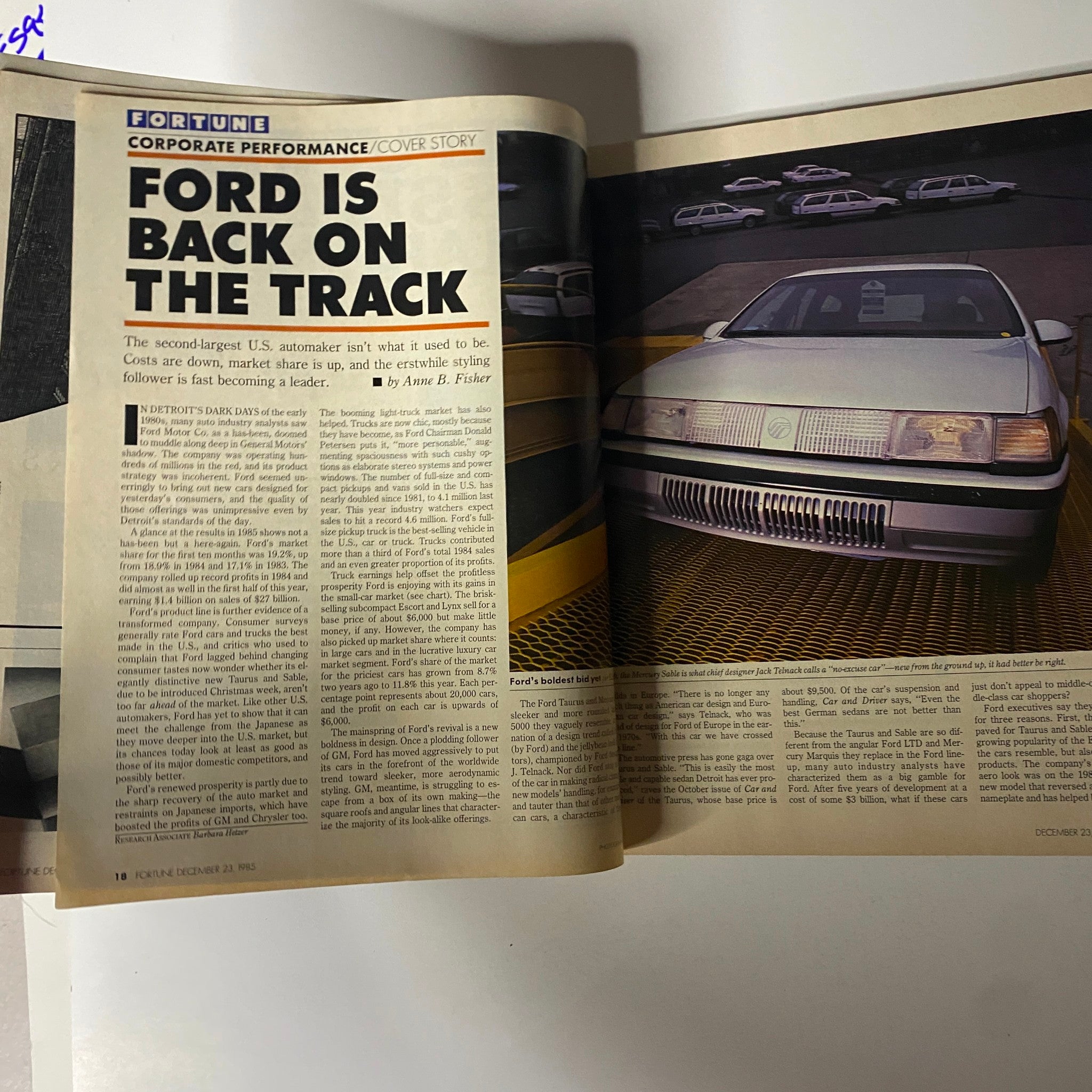 Article spread from Fortune Magazine, December 23, 1985, focusing on the cover story titled 'Ford is Back on the Track'.