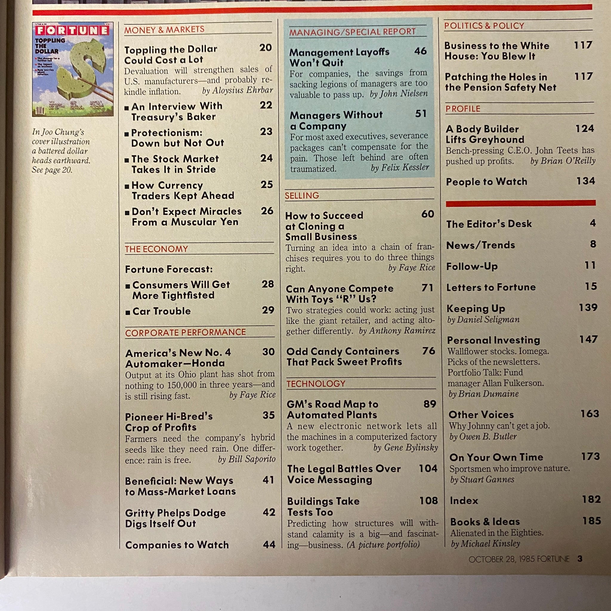 Fortune Magazine October 28, 1985 Toppling The Dollar VG