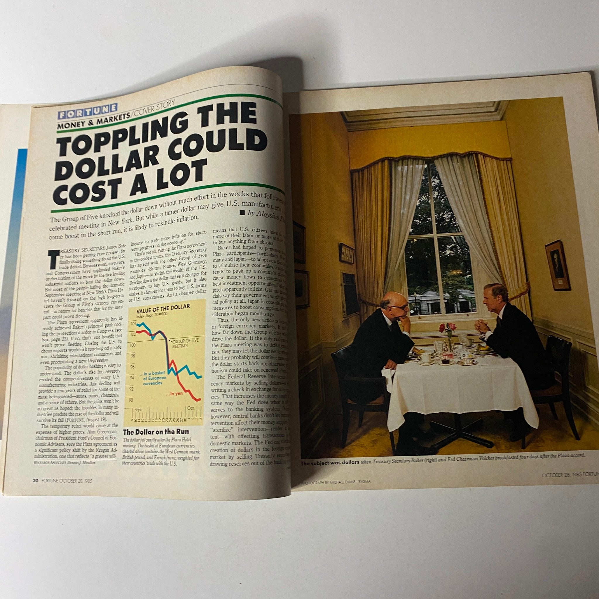 Inside page of Fortune Magazine from October 28, 1985 featuring the cover story 'Toppling the Dollar Could Cost a Lot', discussing economic impacts on business.