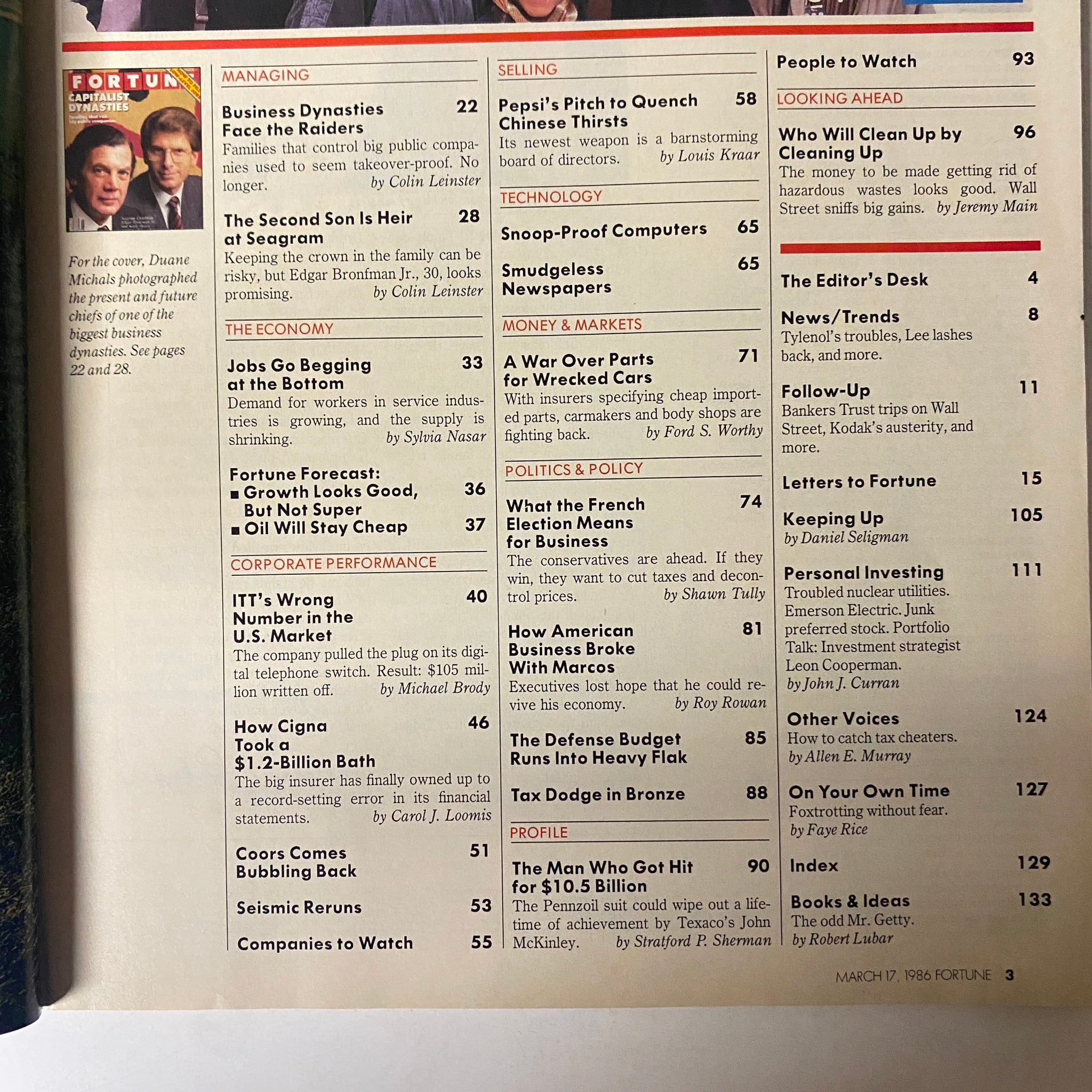 Fortune Magazine March 17, 1986 Edgar Bronfman Sr. and Edgar Jr. VG
