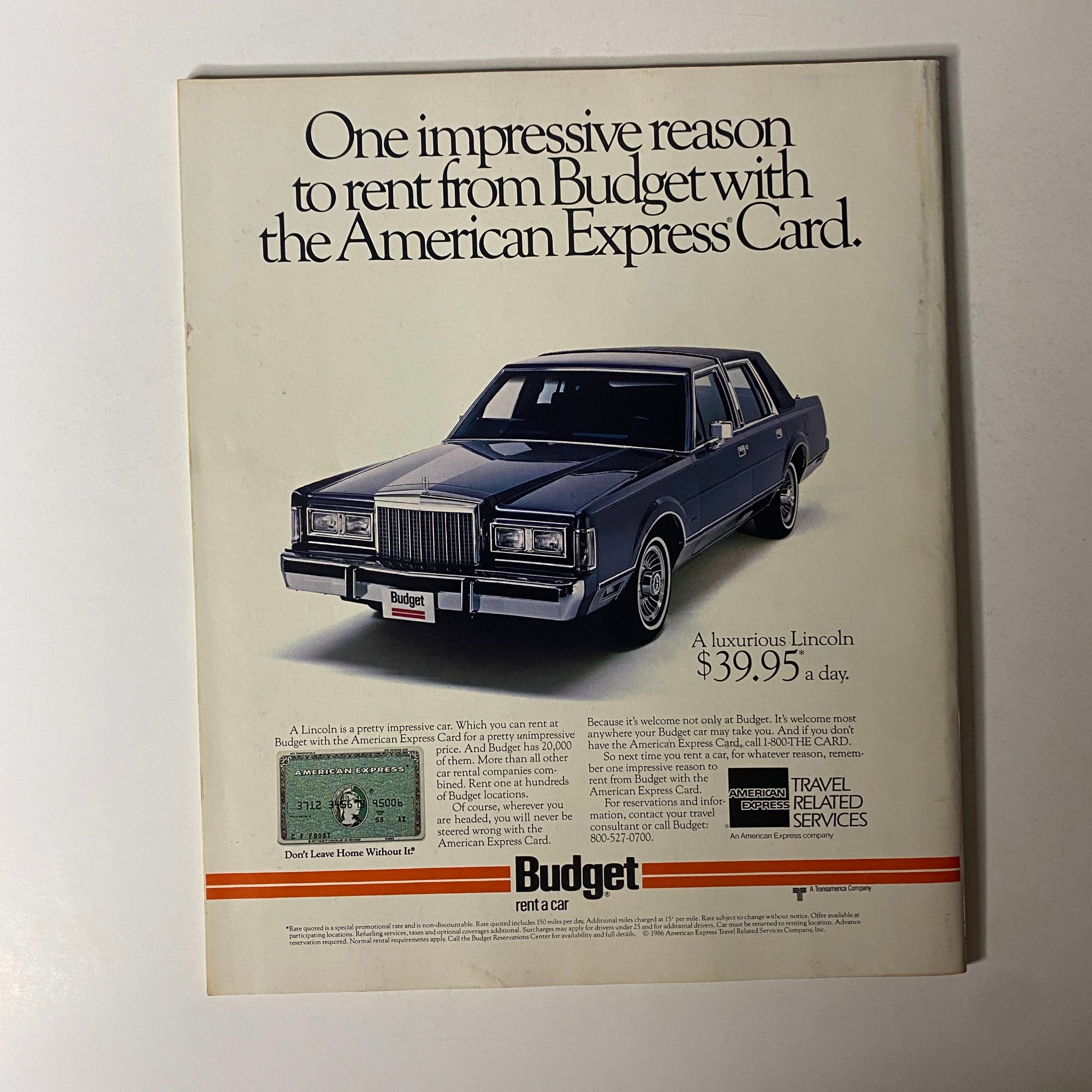 Fortune Magazine April 14, 1986, back cover advertisement for Budget Rent a Car featuring a Lincoln car rental offer.