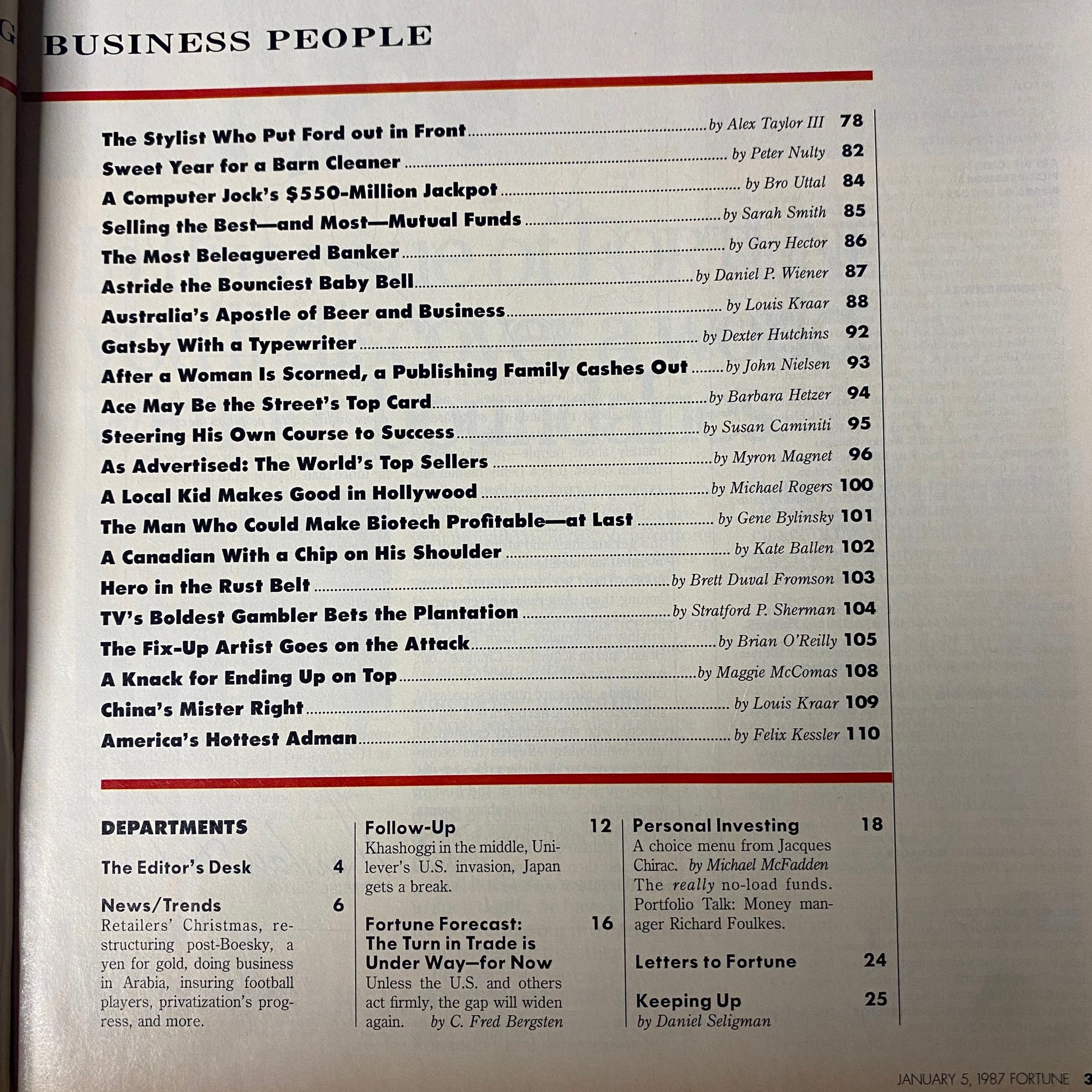 Contents page from Fortune Magazine January 5, 1987 detailing profiles of various business figures, including law, finance, and corporate leadership.