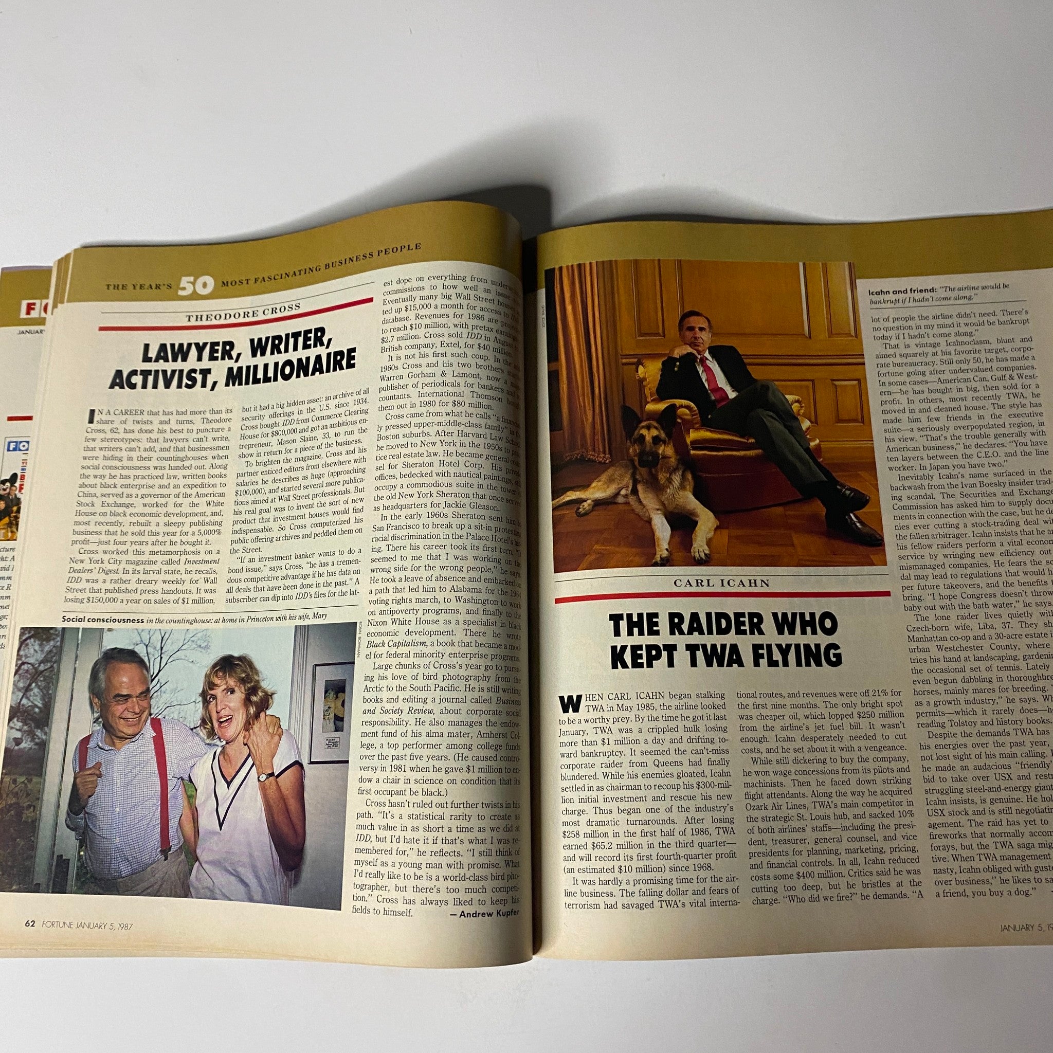 Inside spread from Fortune Magazine January 5, 1987 featuring an article titled 'Lawyer, Writer, Activist, Millionaire' about Carl Icahn, with a photo of him and an overview of his career.