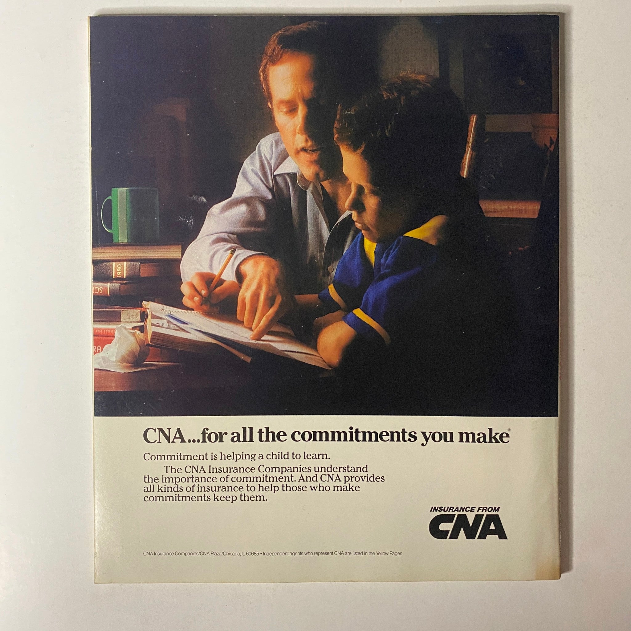 Back cover of Fortune Magazine from January 19, 1987, featuring an advertisement for CNA Insurance, promoting the importance of commitment with an image of a parent helping a child study.