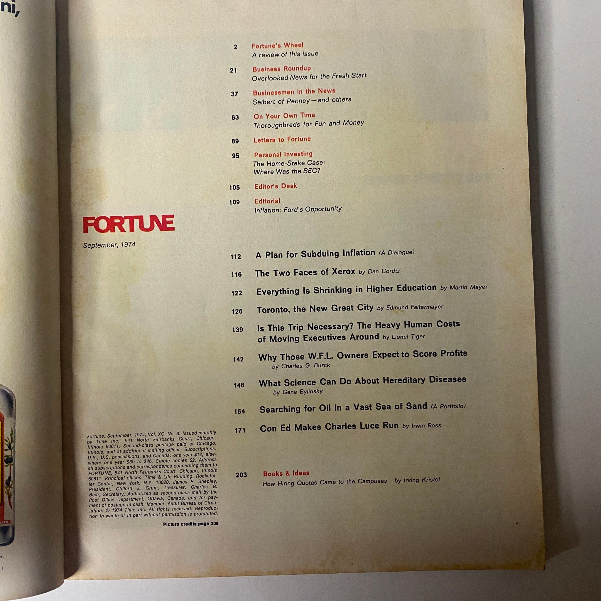 Table of contents for Fortune Magazine September 1974, detailing featured articles including 'Toronto, the New Great City' and various economic topics.