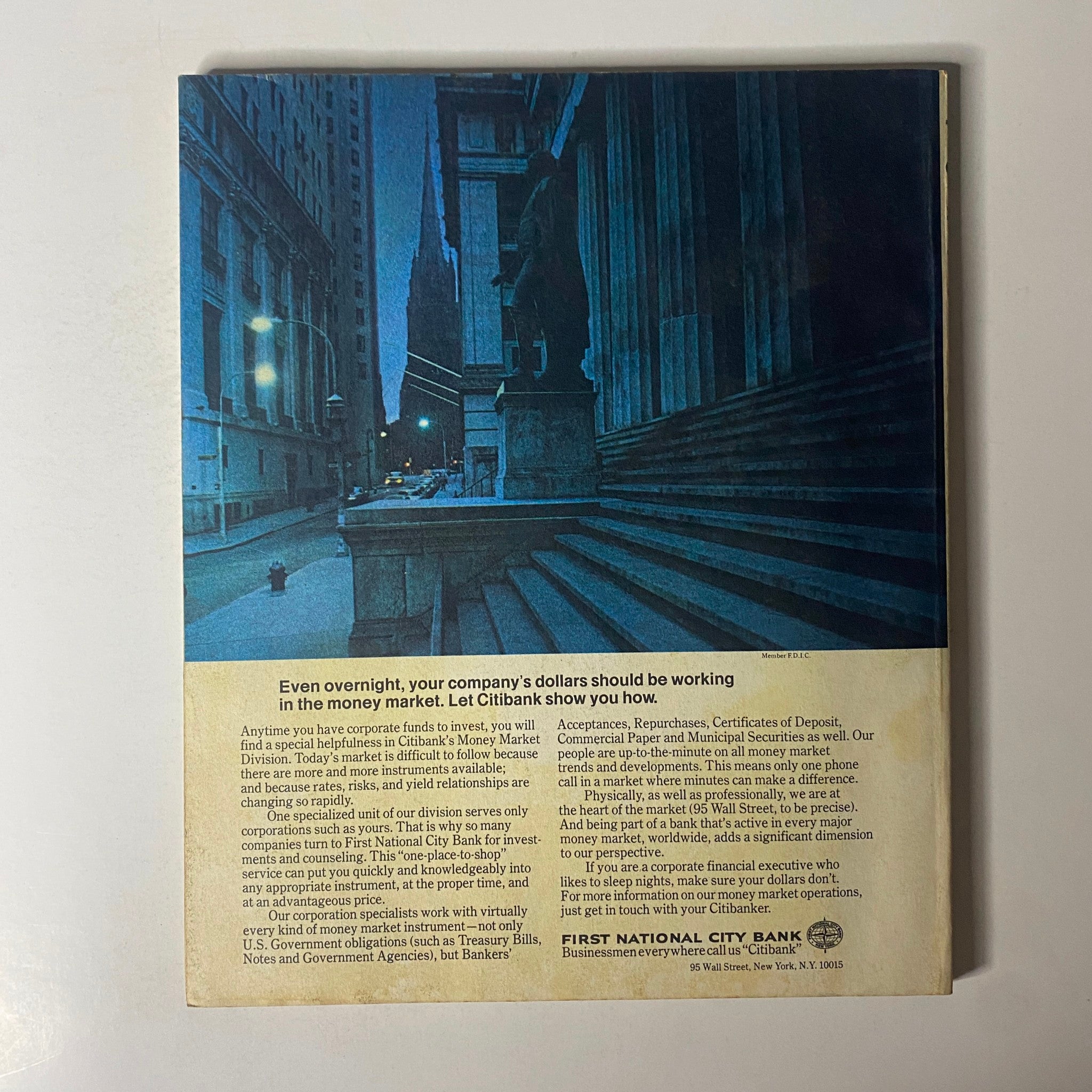 Back cover of Fortune Magazine September 1974, featuring a Citibank advertisement highlighting money market services.