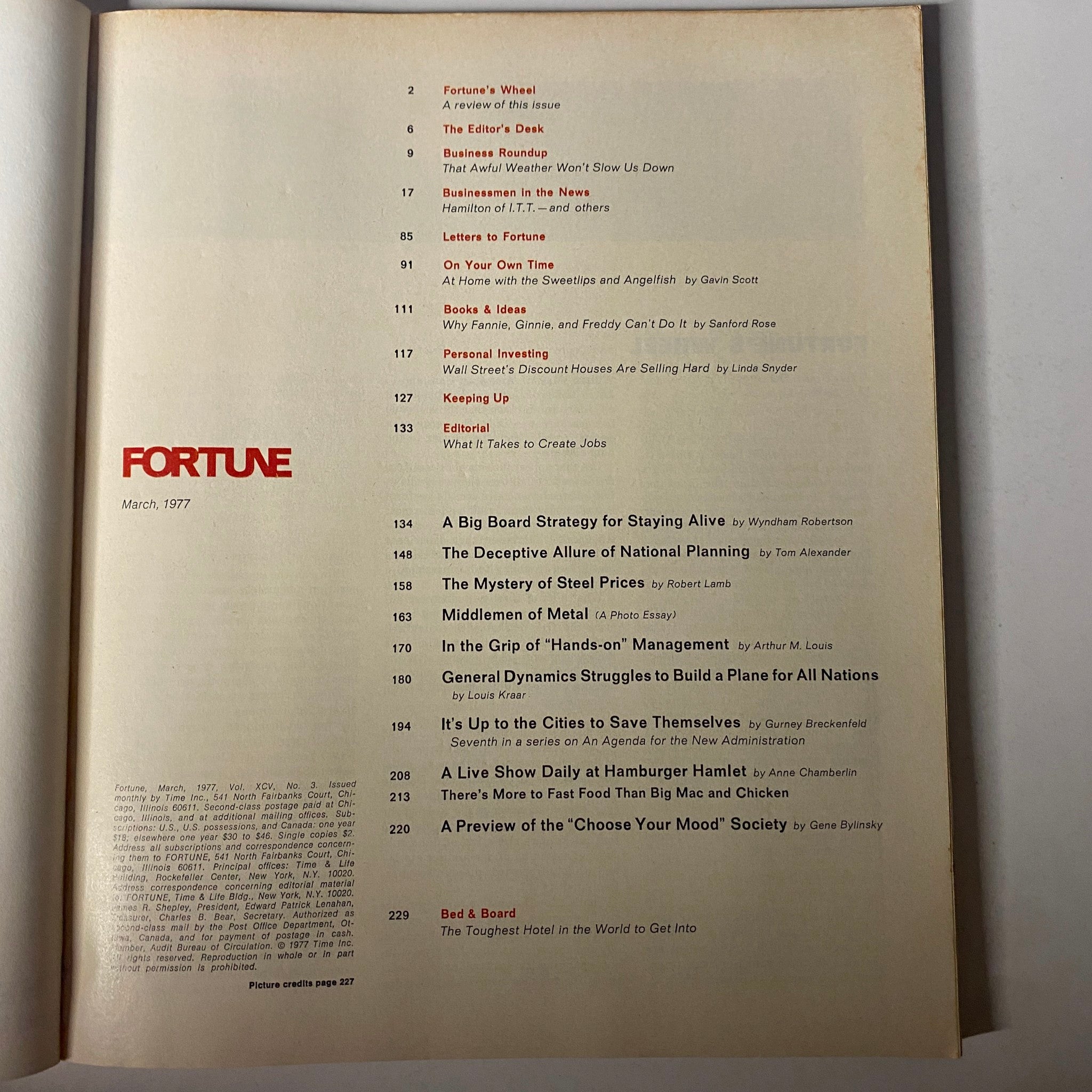 Interior page of Fortune Magazine March 1977 displaying the table of contents, listing featured articles such as 'A Big Board Strategy for Staying Alive' and 'The Mystery of Steel Prices', reflecting on economic challenges of the time.