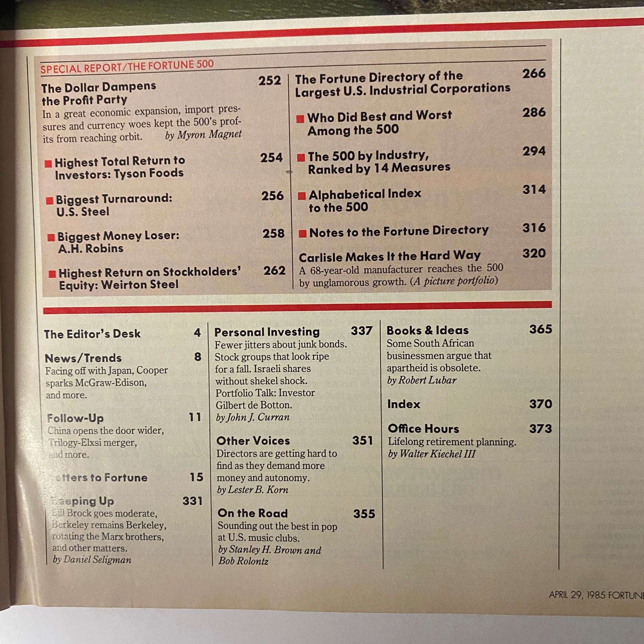 Table of contents from Fortune Magazine April 29, 1985 showcasing articles and rankings related to the 500 largest U.S. industrial corporations.