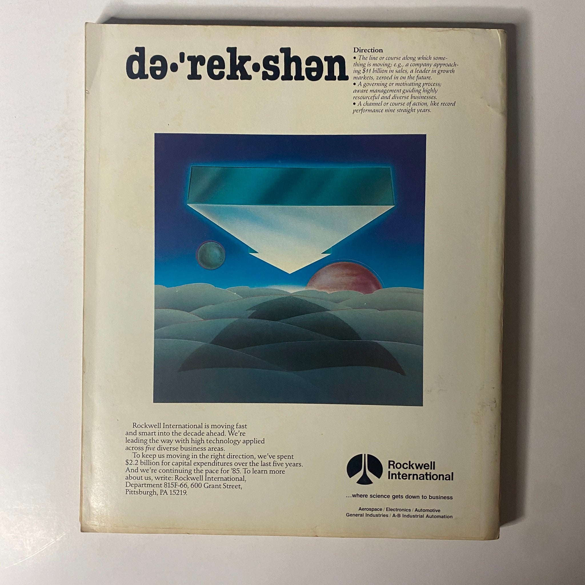 Back cover of Fortune Magazine April 29, 1985 featuring an advertisement for Rockwell International, illustrating its commitment to technological advancement.