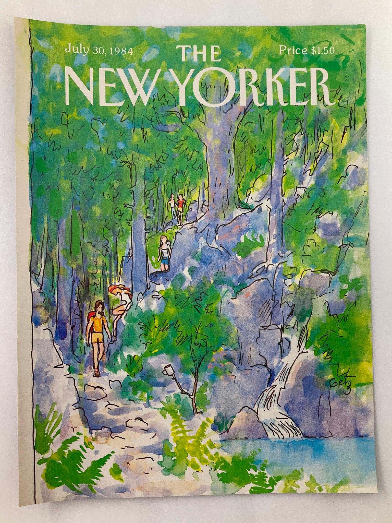 COVER ONLY The New Yorker July 30 1984 Hiking by Arthur Getz showcasing a picturesque hiking pathway, surrounded by lush greenery and waterfall, embodying outdoor adventure.
