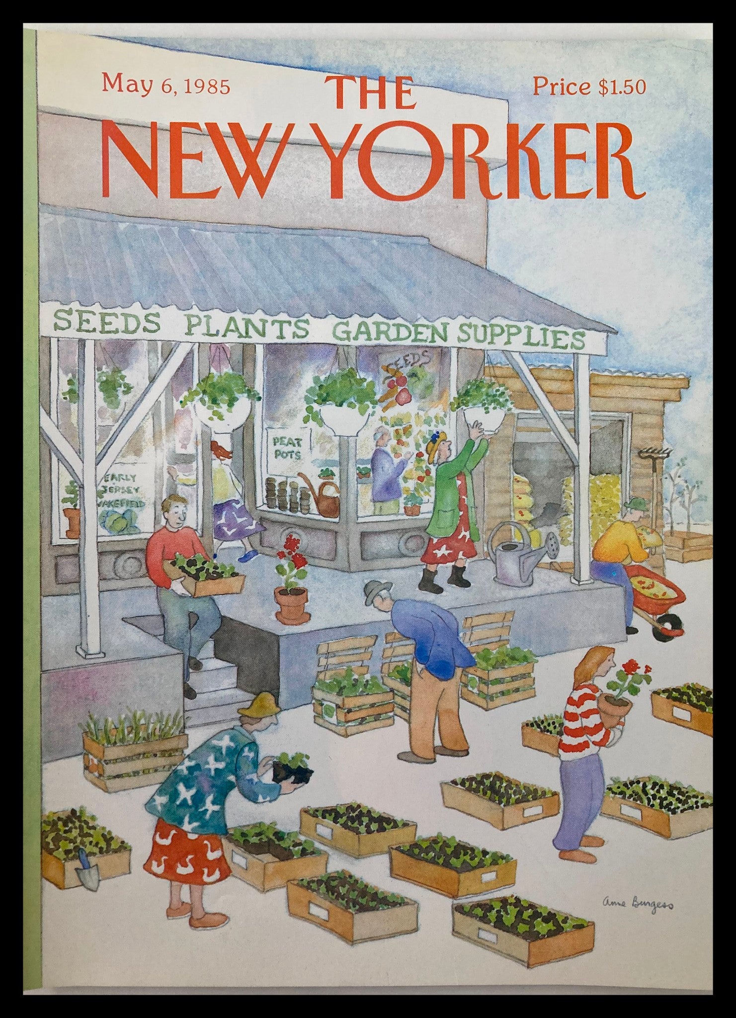 COVER ONLY The New Yorker May 6 1985 Garden Supplies by Anne Burgess No Label