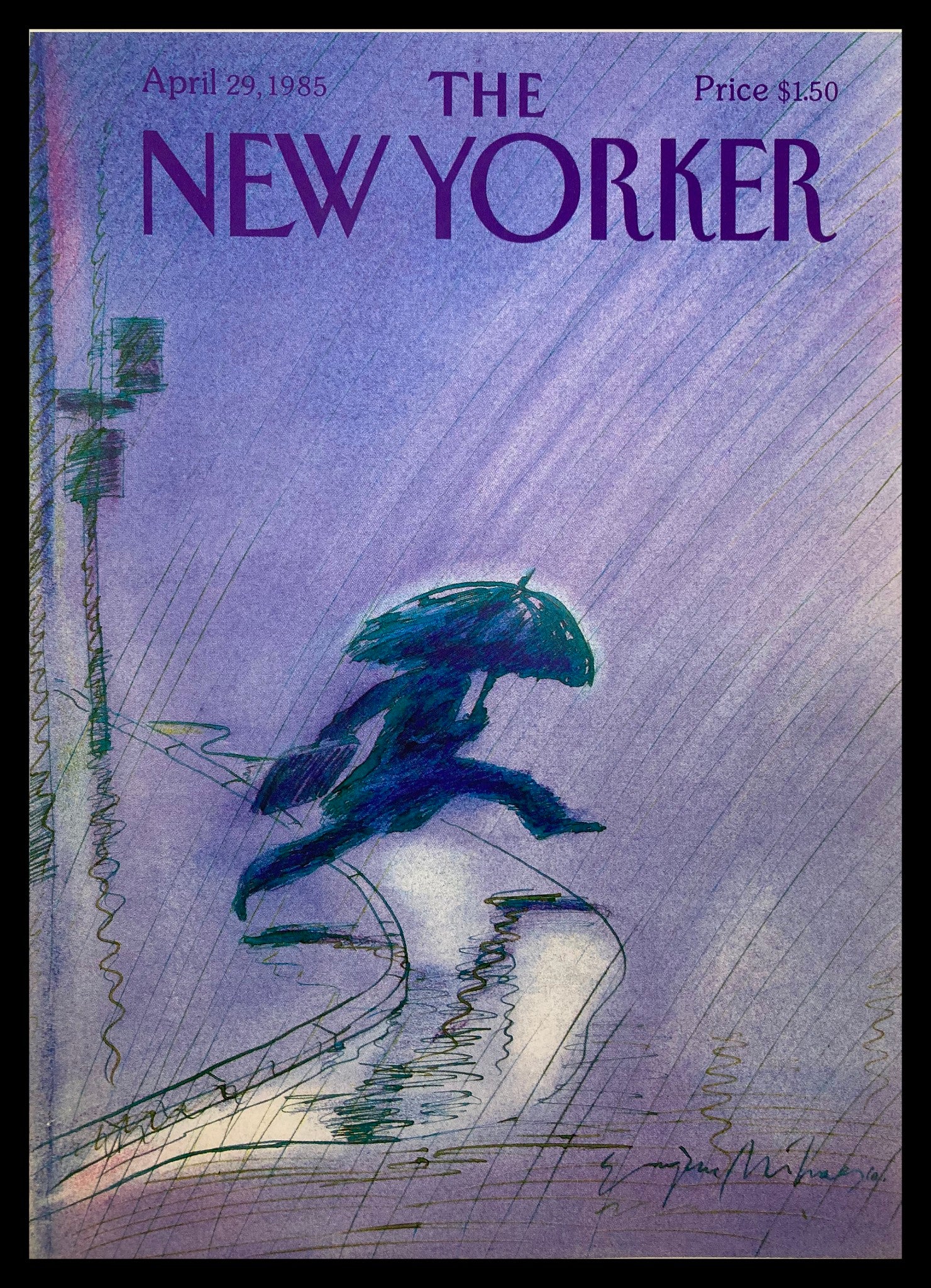 COVER ONLY The New Yorker April 29 1985 Heavy Rain by Eugene Mihaesco No Label