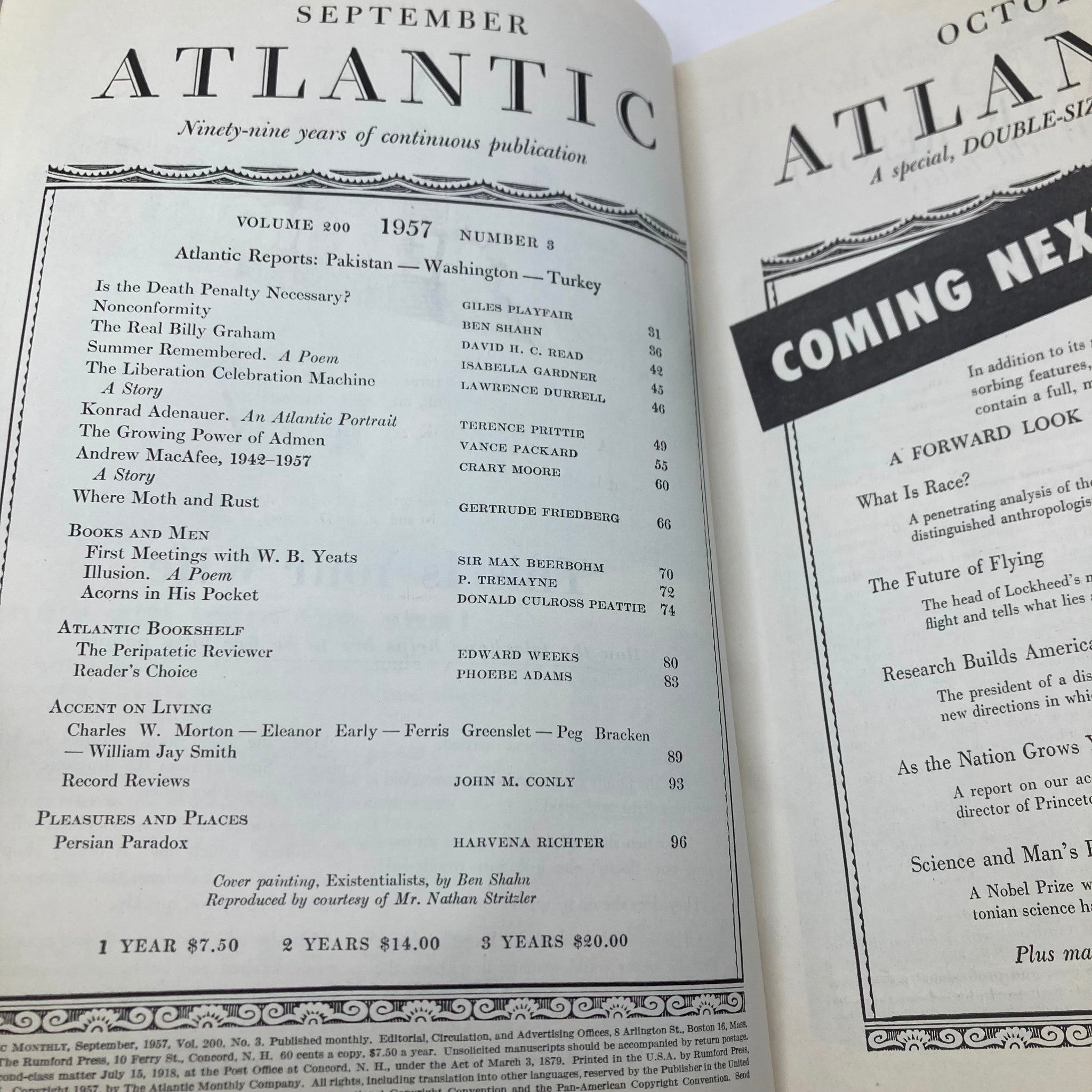 VTG The Atlantic Magazine September 1957 Non Comformity by Ben Shahn No Label