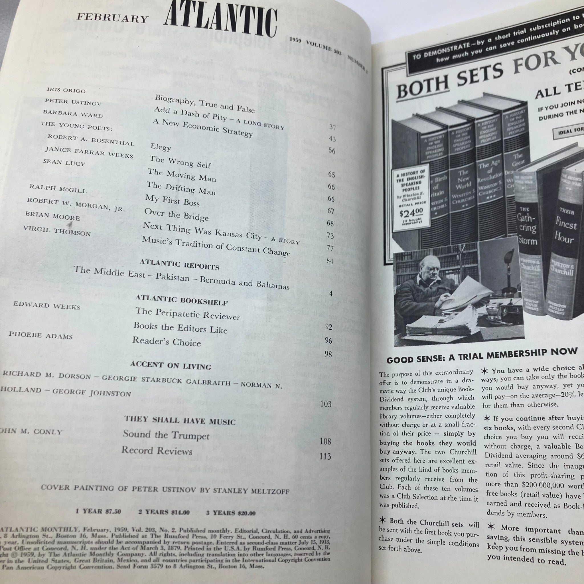 VTG The Atlantic Magazine February 1959 Peter Ustinov, A Dash of Pity No Label