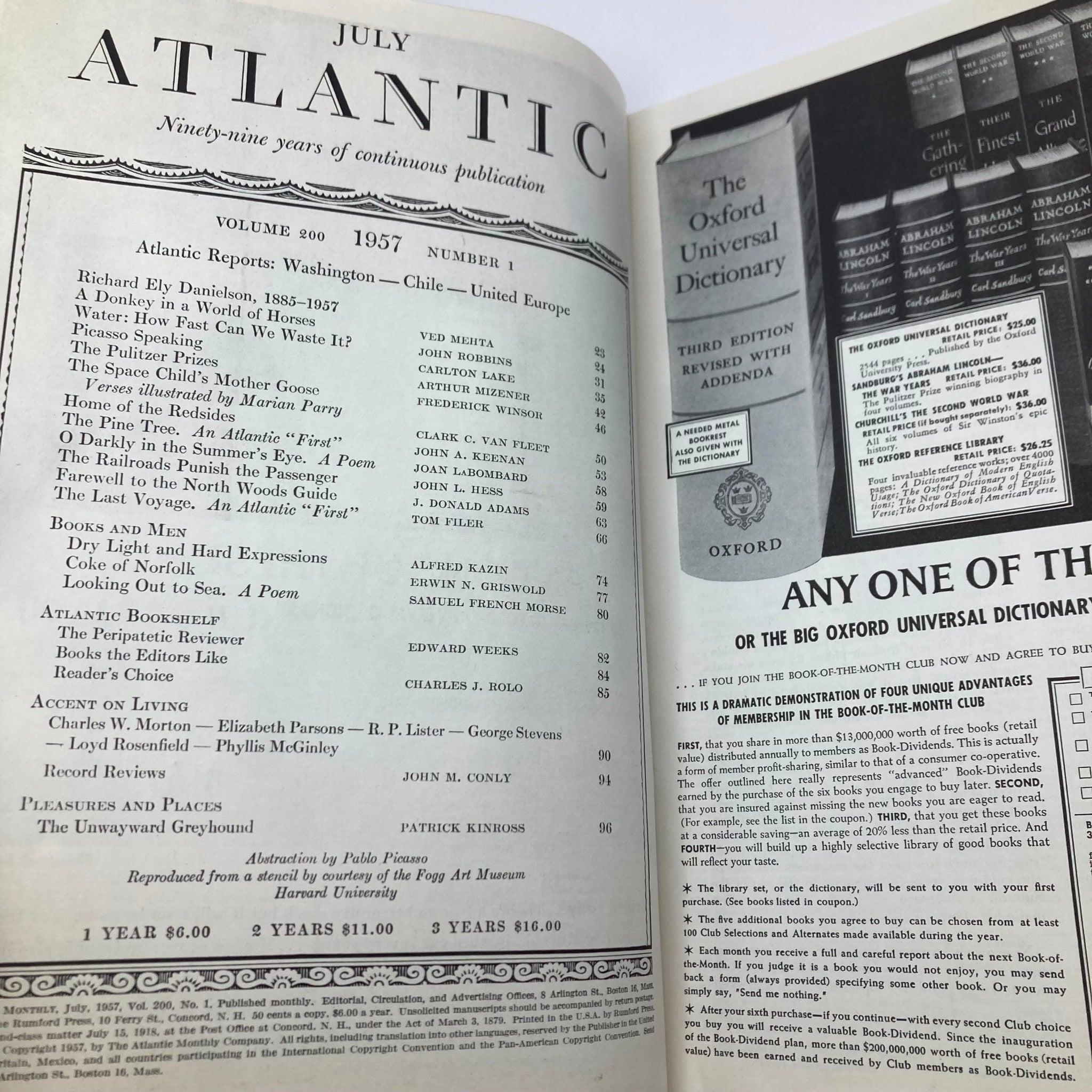 VTG The Atlantic Magazine July 1957 Pablo Picasso Speaking No Label