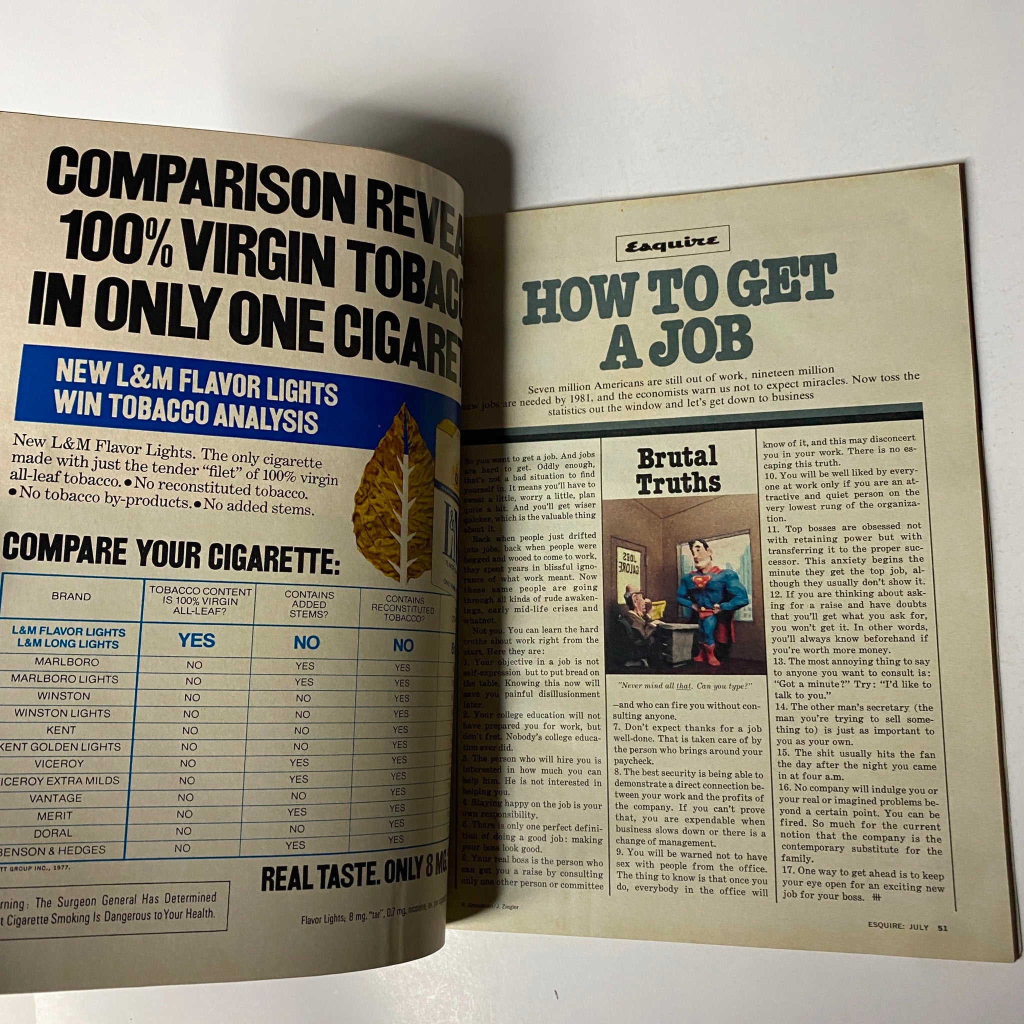 Inside pages of Esquire Magazine July 1977 showing an article titled 'How To Get A Job' featuring a column called 'Brutal Truths' discussing employment challenges.