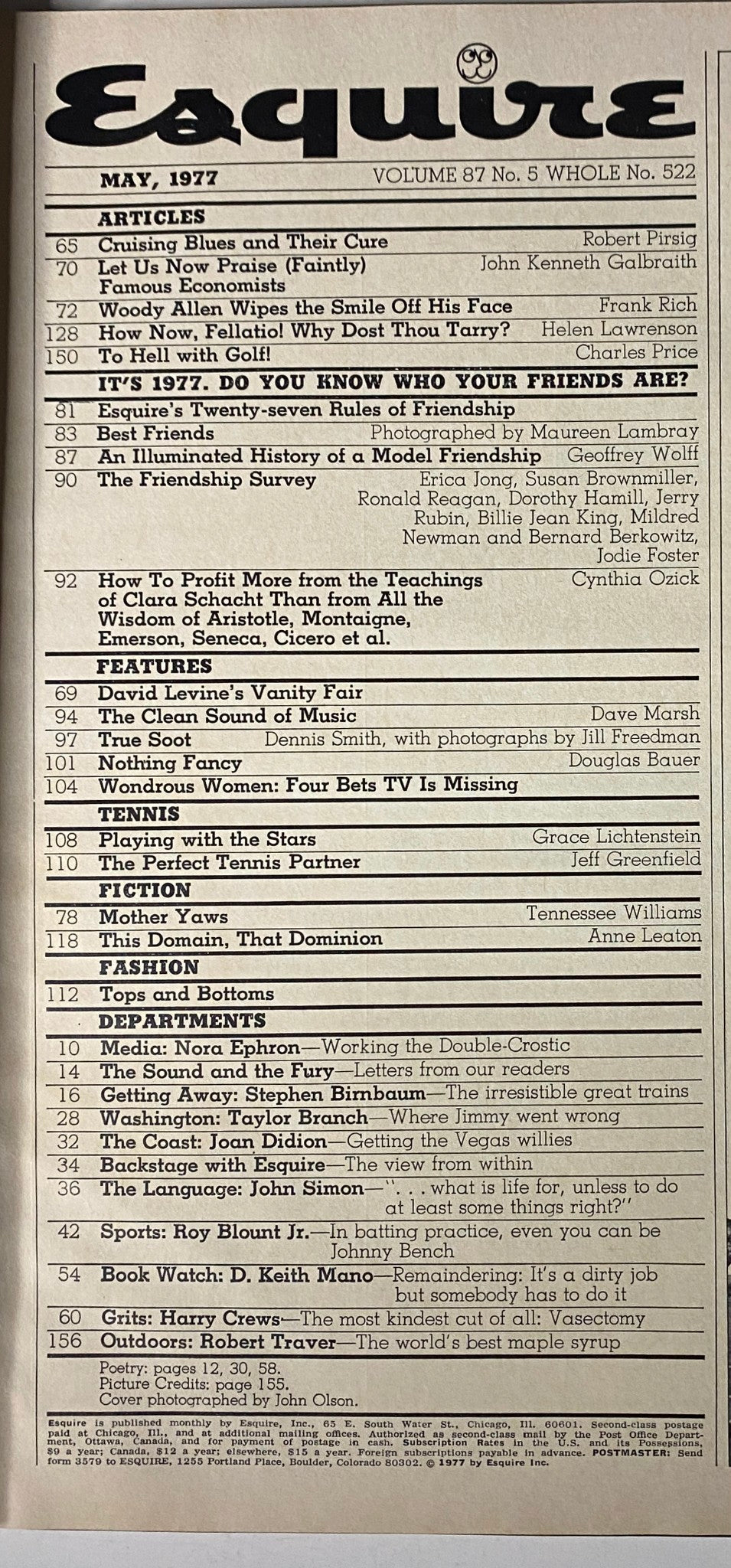 Contents page of Esquire Magazine May 1977 showcasing various articles including 'Esquire’s Twenty-seven Rules of Friendship' and 'An Illuminated History of a Model Friendship', with the magazine’s logo.