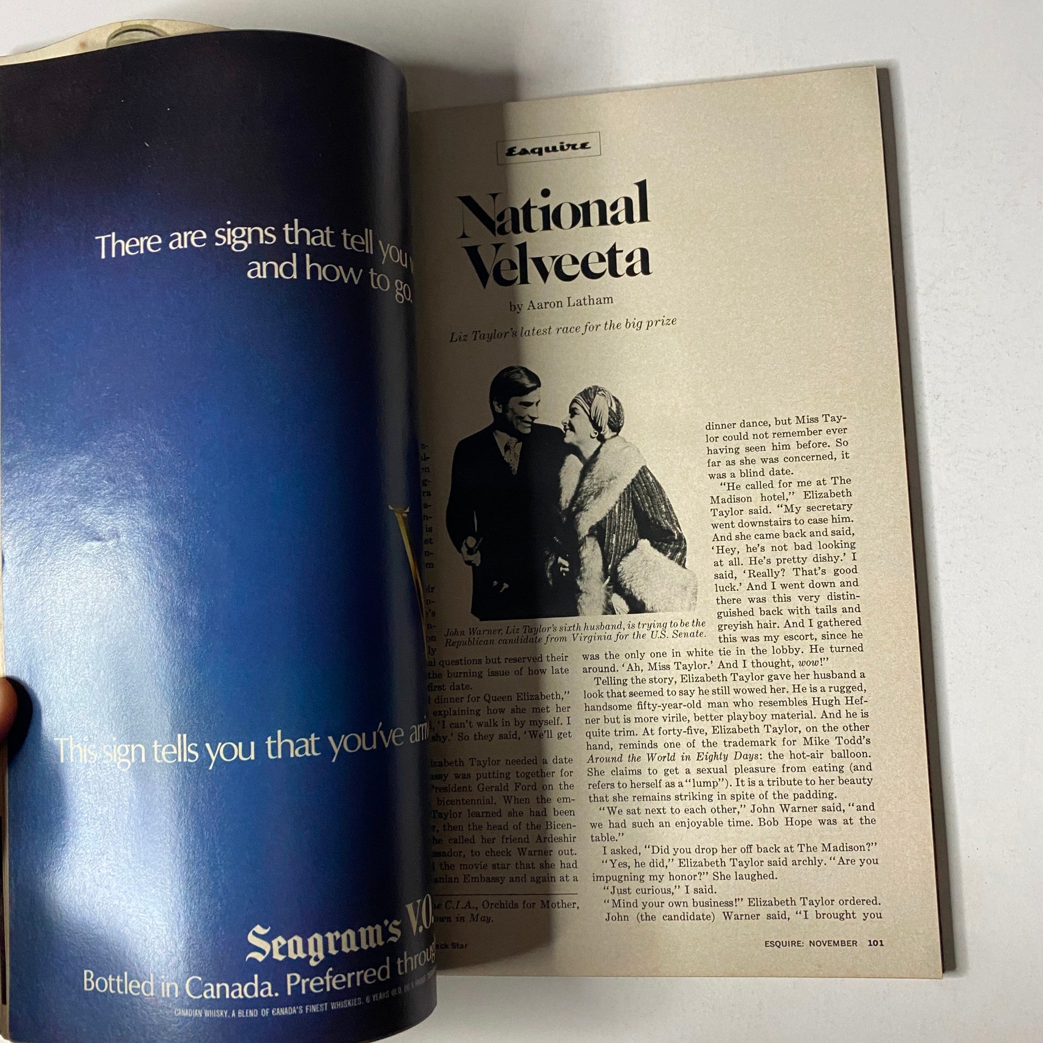 Interior page from Esquire Magazine November 1977 showcasing the article 'National Velveeta' by Aaron Latham, highlighting cultural commentary and humor.