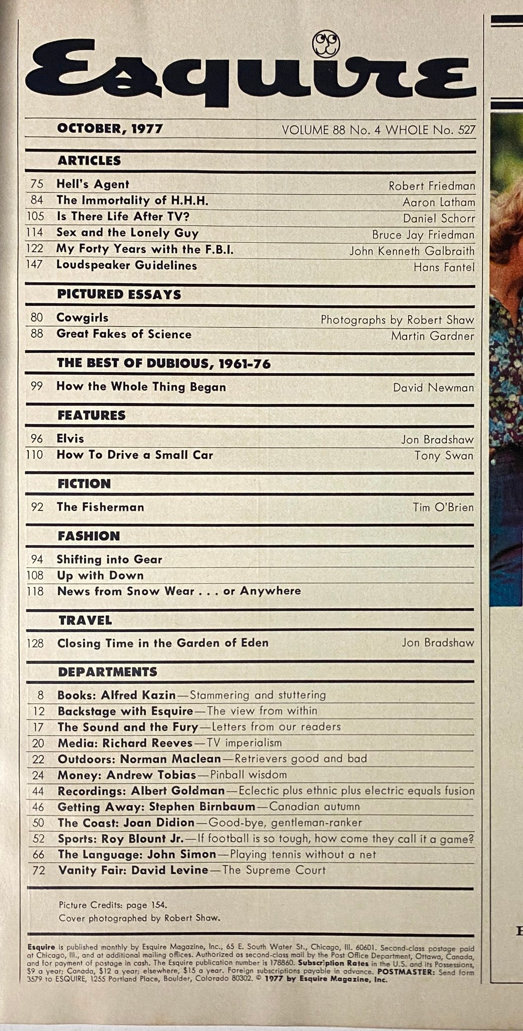 Inside content of Esquire Magazine October 1977, listing articles, 'Cowgirls' pictorial, and features highlighting the Dallas Cowboys.