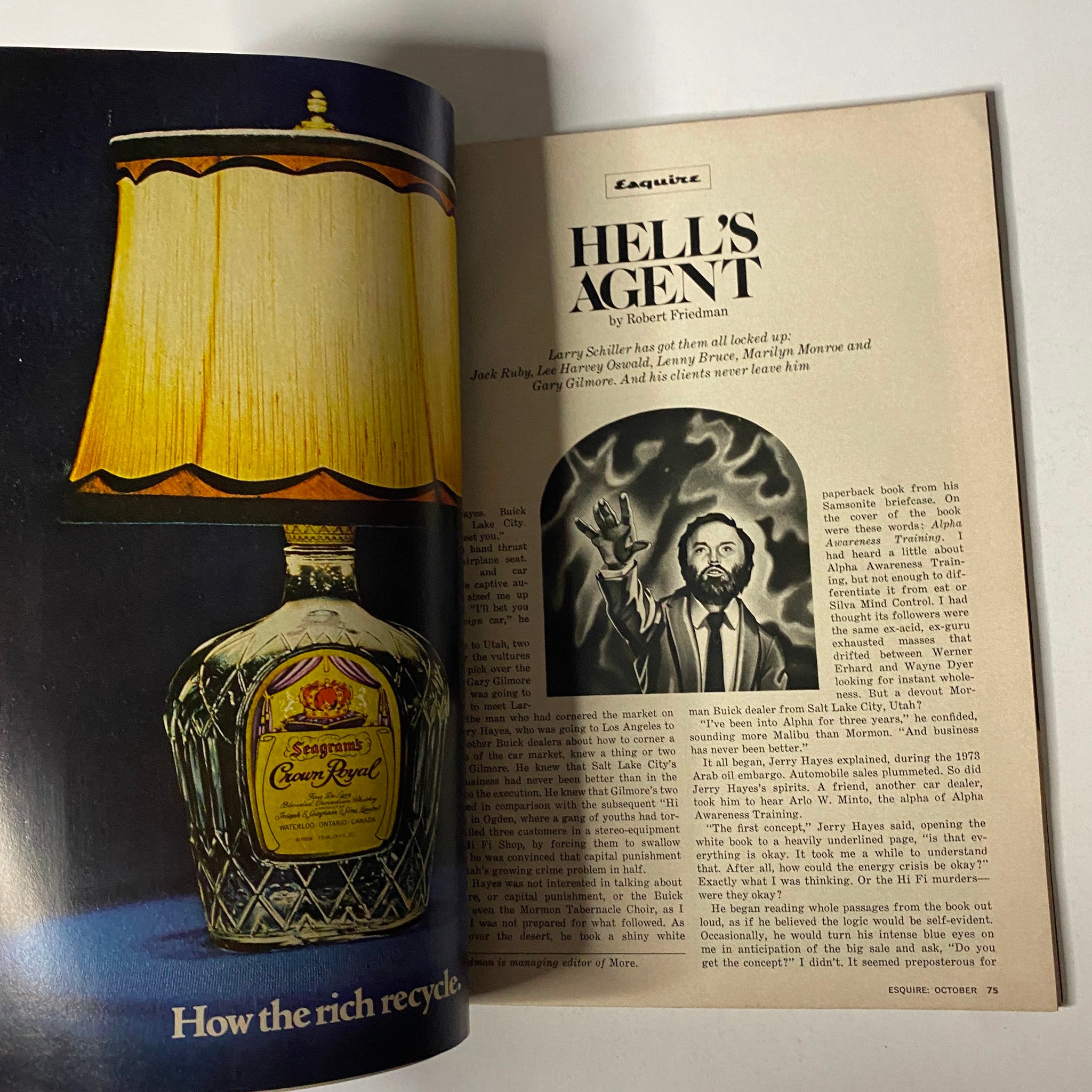 Inside page from Esquire Magazine October 1977 featuring an article titled 'Hell's Agent' by Robert Friedman, showcasing a lamp and a dramatic illustration.