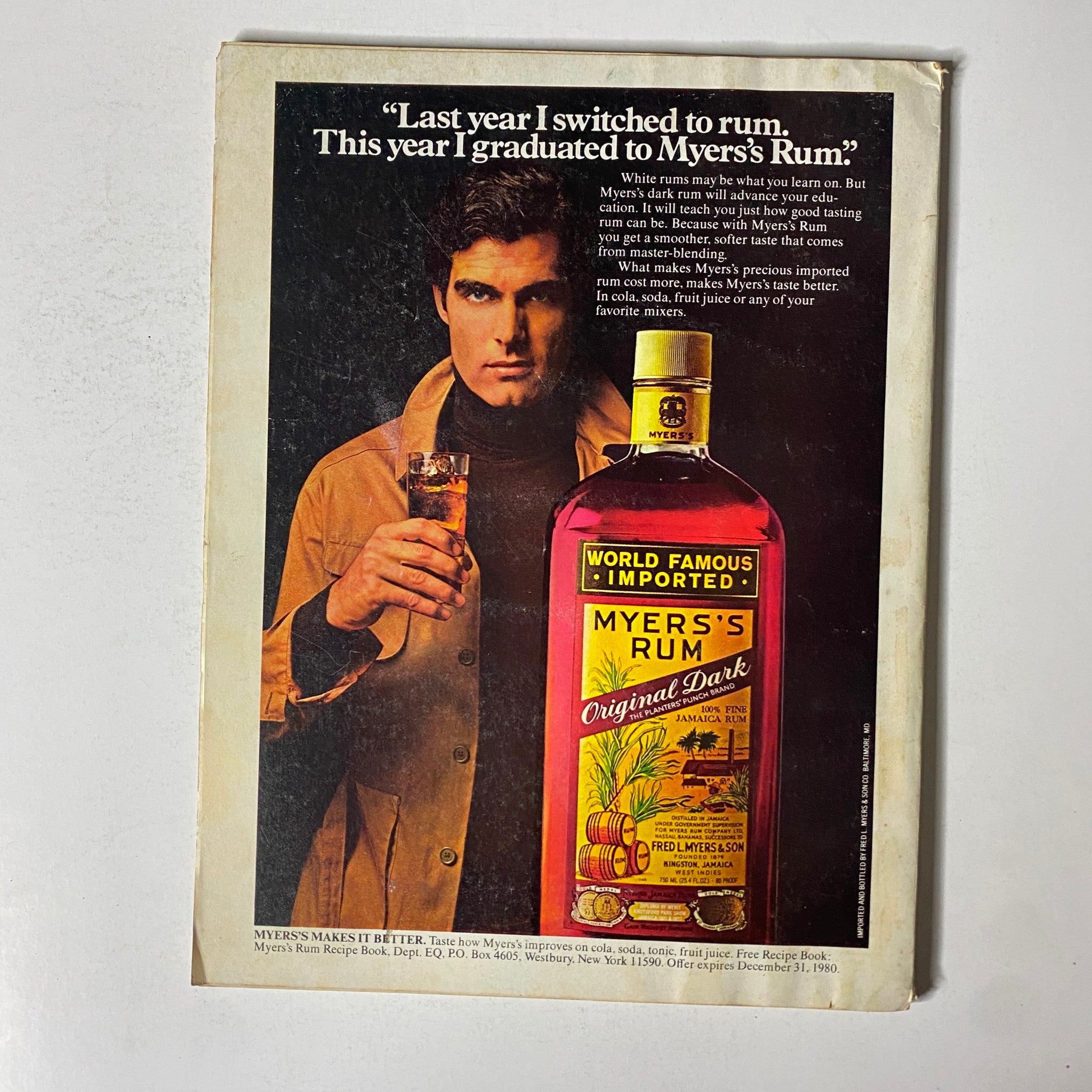 Advertisement page in Esquire Magazine April 1980 featuring a man holding a glass of Myers's Rum, promoting the product with a tagline about quality and taste.